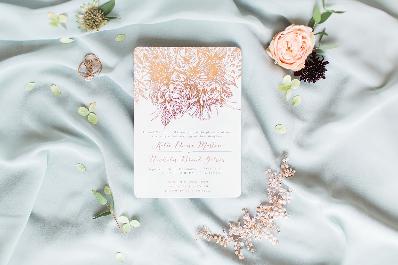 Arielle Peters Photography | Wedding invitation and florals on wedding day at Joseph Decuis Farm in Roanoke, Indiana.