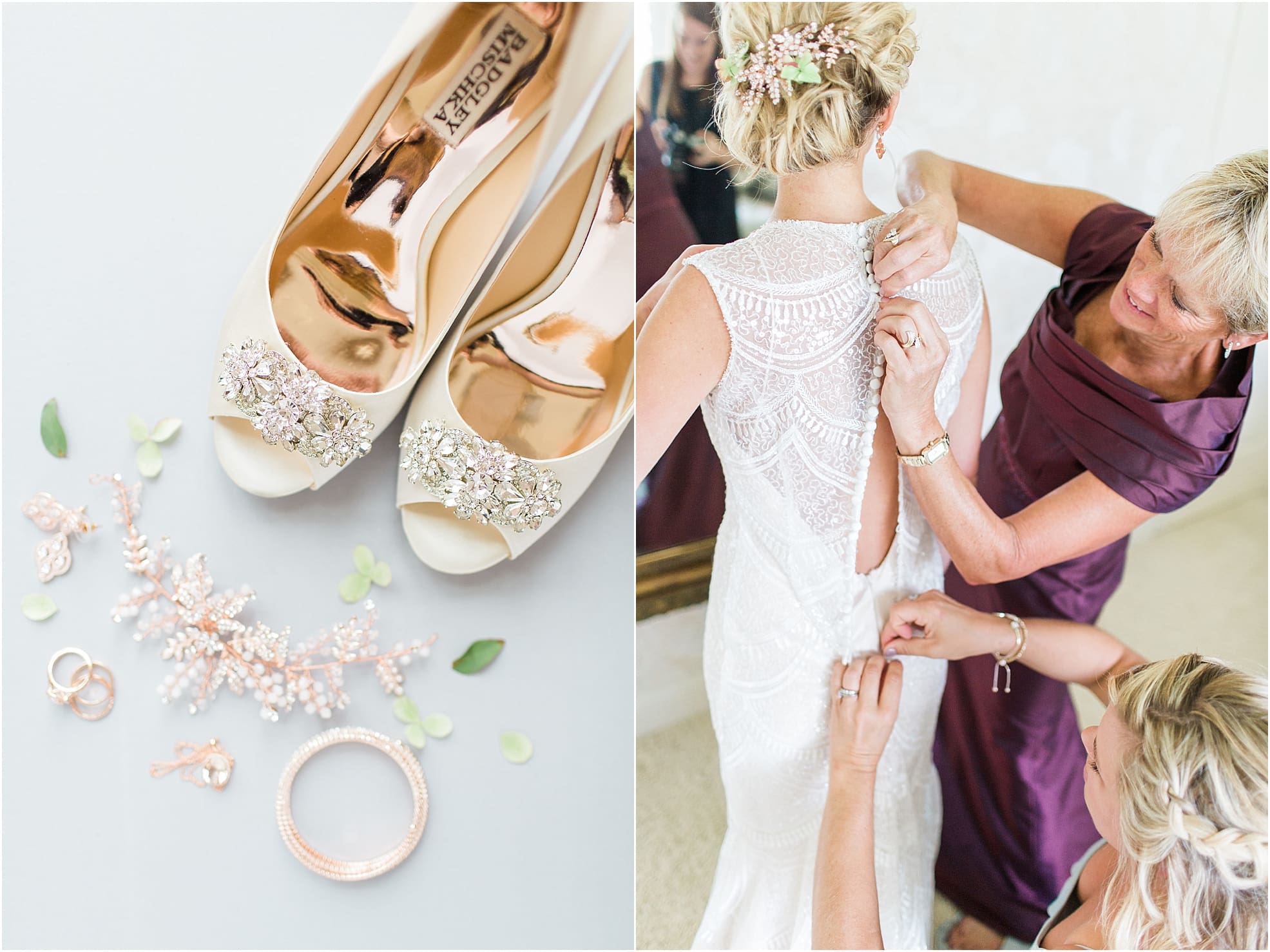 Arielle Peters Photography | Mother of the bride helping the bride get dressed on wedding day at Joseph Decuis Farm in Roanoke, Indiana.