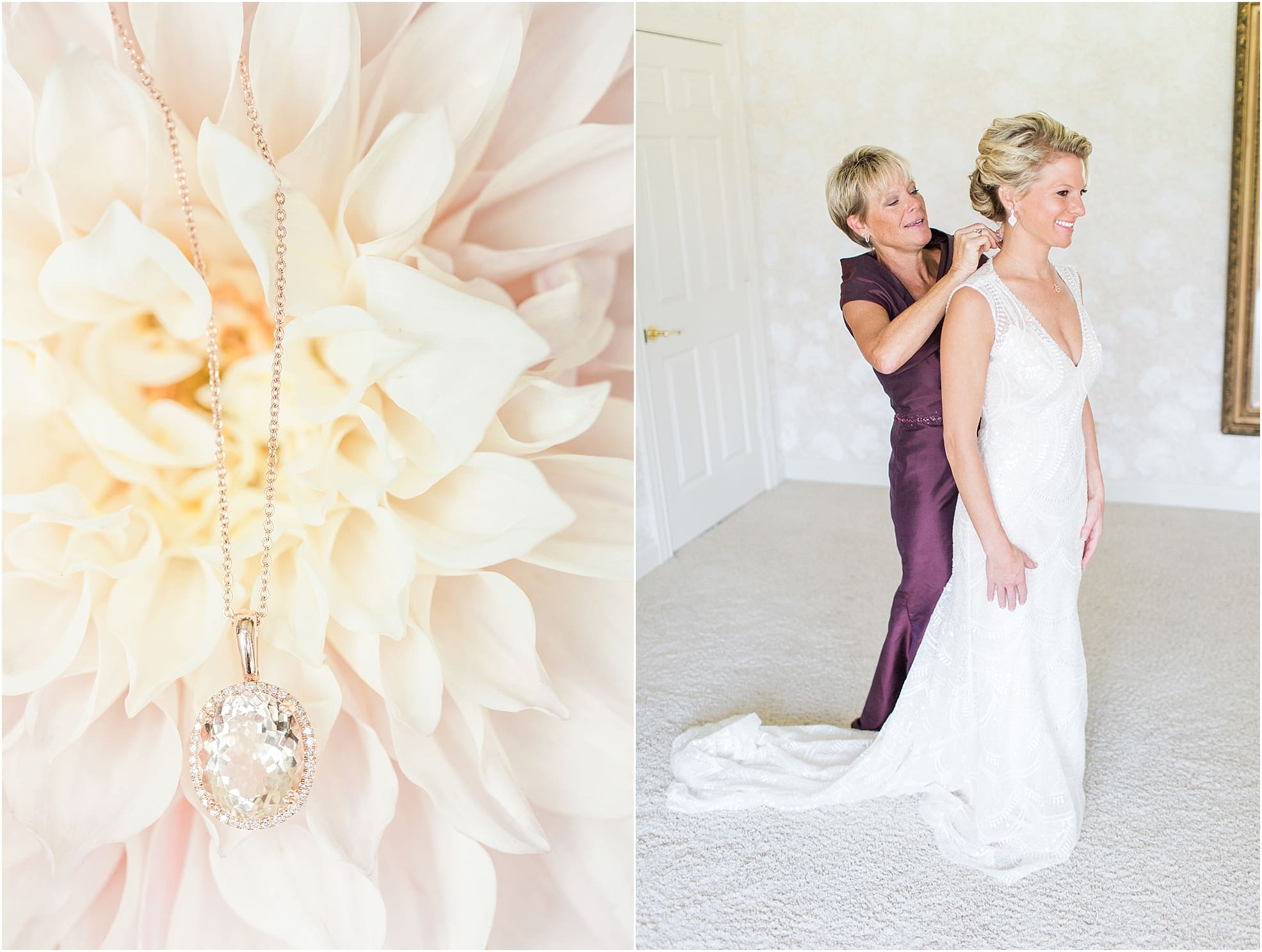 Arielle Peters Photography | Mother of bride helping bride get ready on wedding day at Joseph Decuis Farm in Roanoke, Indiana.