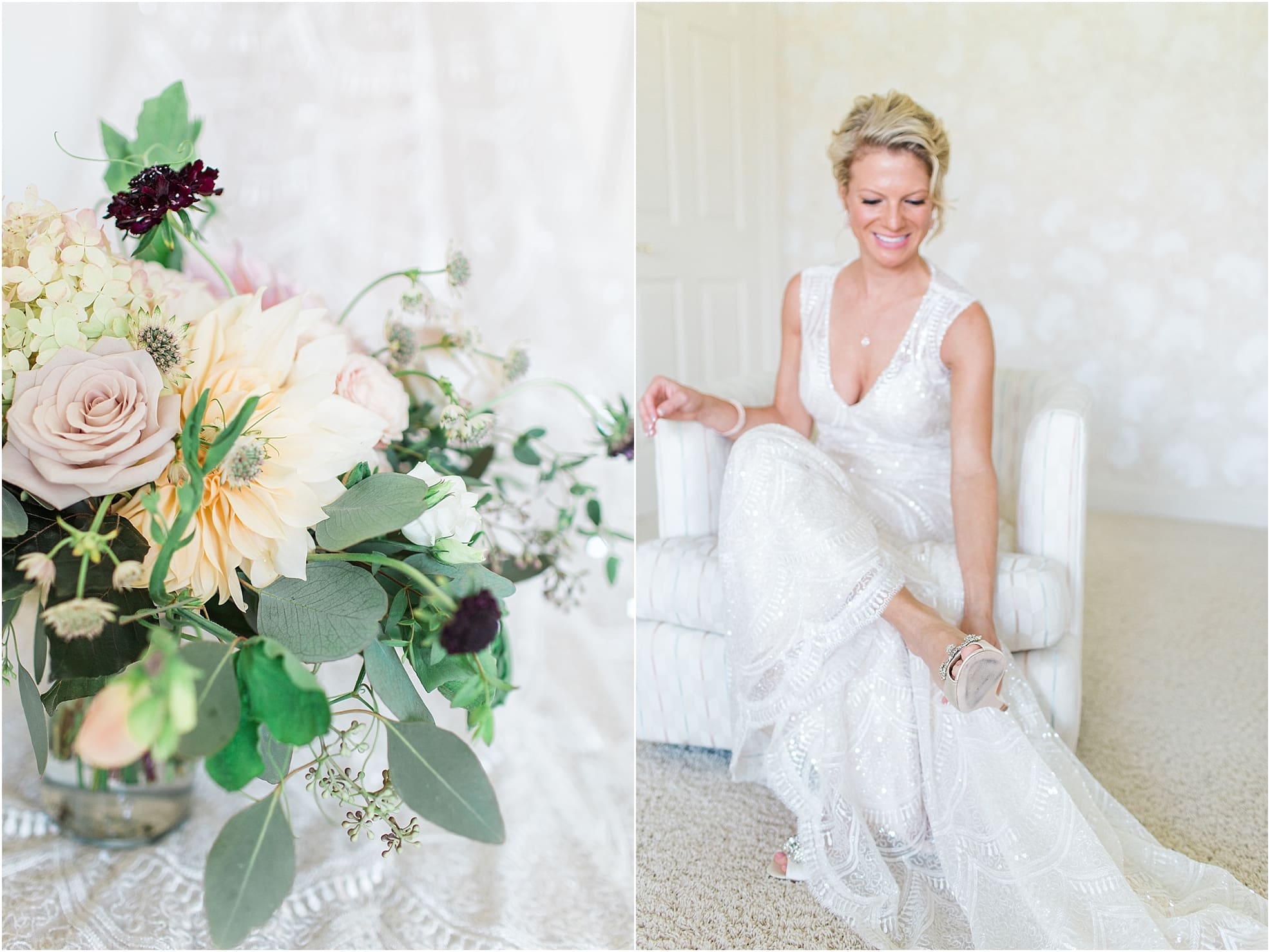 Arielle Peters Photography | Bride putting on her shoes on wedding day at Joseph Decuis Farm in Roanoke, Indiana.