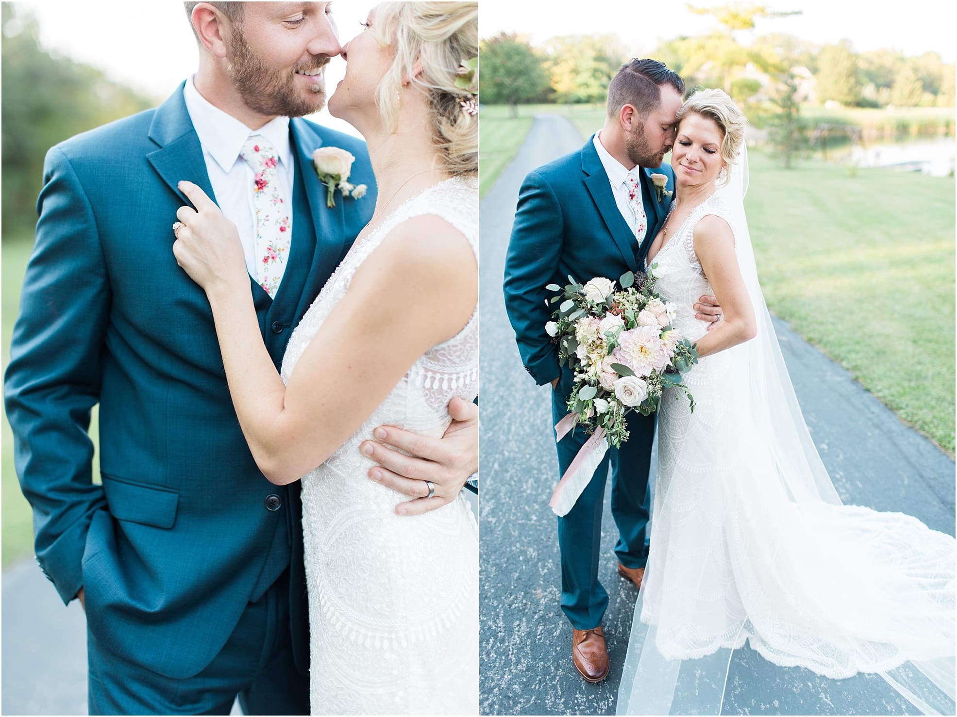 Arielle Peters Photography | Bride and groom kissing in open field next to pond on wedding day at Joseph Decuis Farm in Roanoke, Indiana.