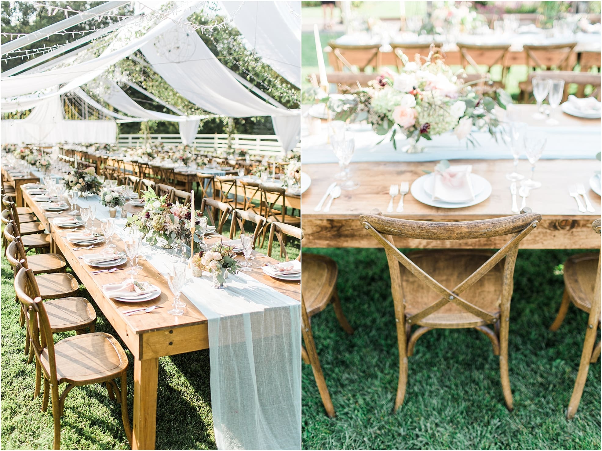 Arielle Peters Photography | Outdoor wedding reception table settings and floral arrangements on wedding day at Joseph Decuis Farm in Roanoke, Indiana.