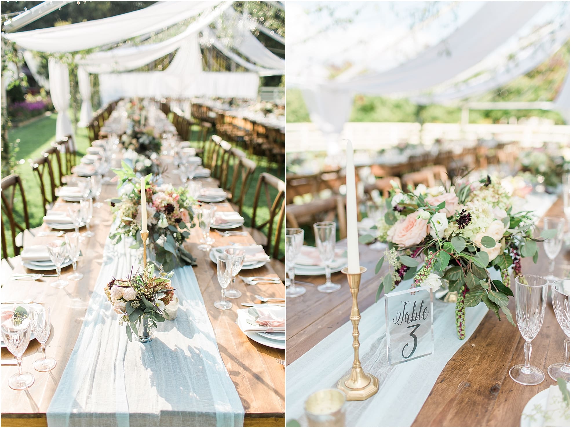 Arielle Peters Photography | Outdoor wedding reception table settings and floral arrangements on wedding day at Joseph Decuis Farm in Roanoke, Indiana.