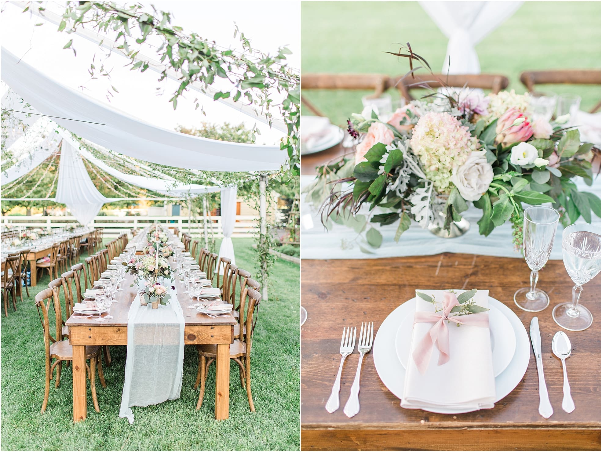 Arielle Peters Photography | Outdoor wedding reception table settings and floral arrangements on wedding day at Joseph Decuis Farm in Roanoke, Indiana.