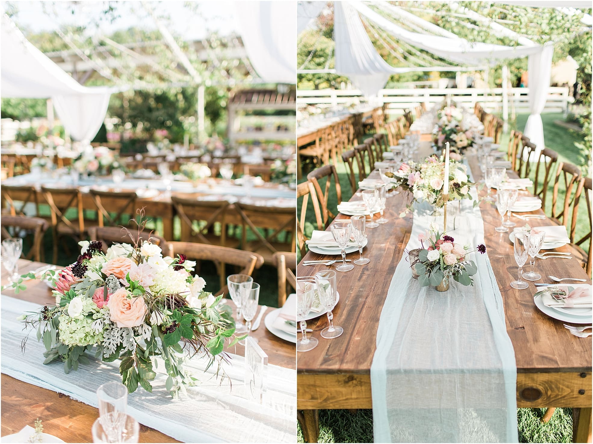 Arielle Peters Photography | Outdoor wedding reception table settings and floral arrangements on wedding day at Joseph Decuis Farm in Roanoke, Indiana.
