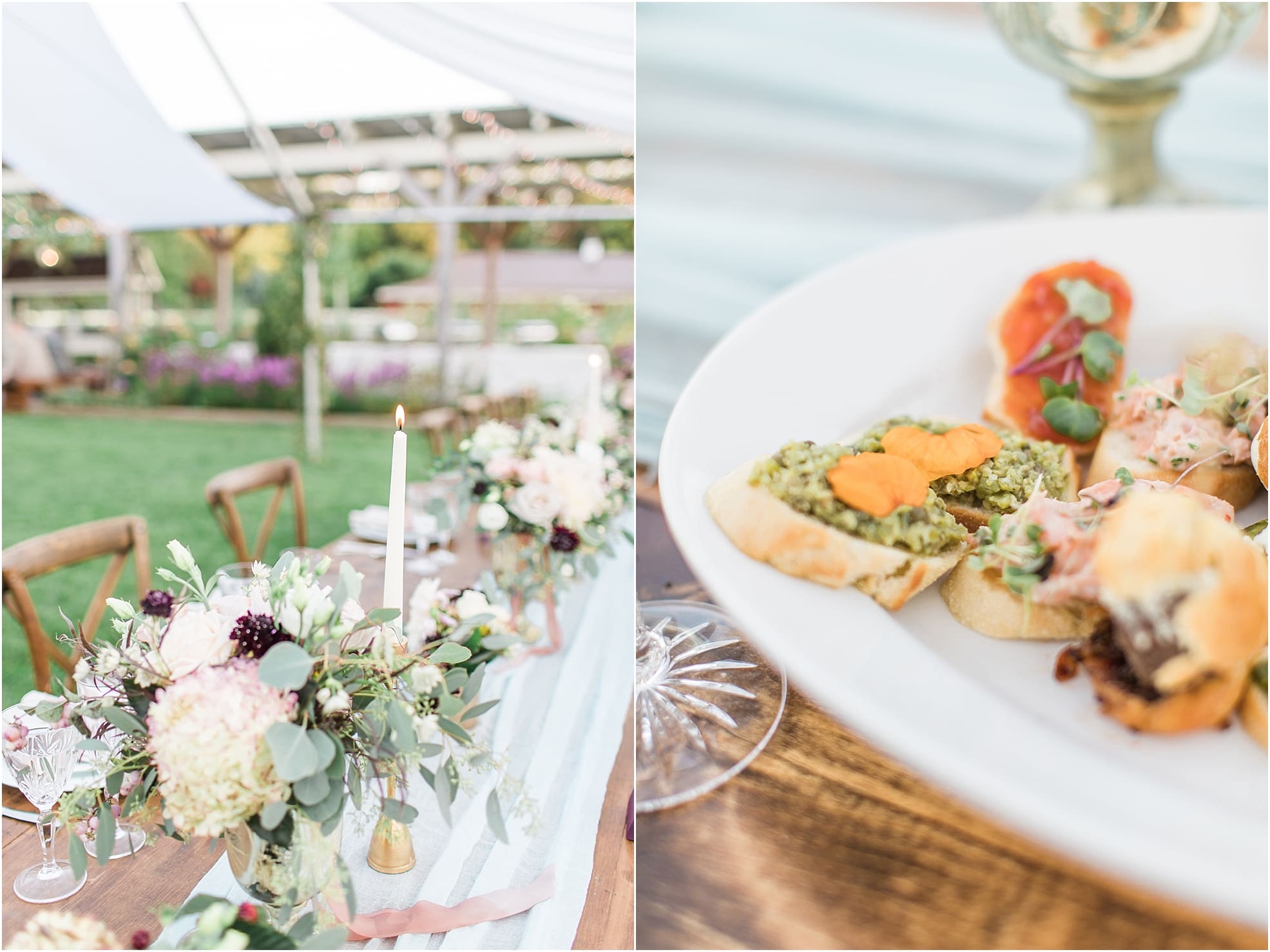 Arielle Peters Photography | Outdoor wedding reception table settings and floral arrangements on wedding day at Joseph Decuis Farm in Roanoke, Indiana.