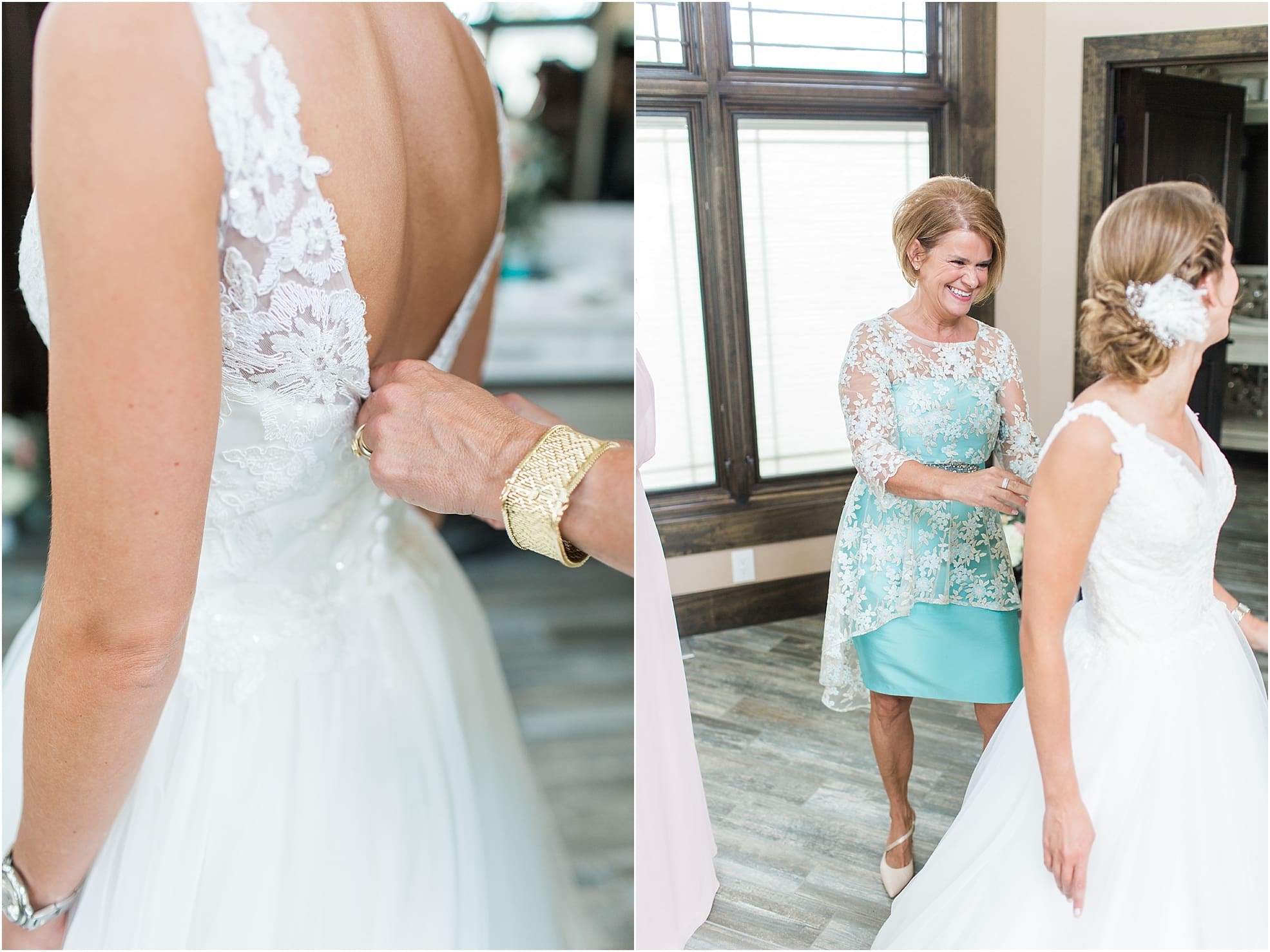 Arielle Peters Photography | Mother of bride helping bride get ready on wedding day at The Pavilion at Sandy Pines in Demotte, Indiana.