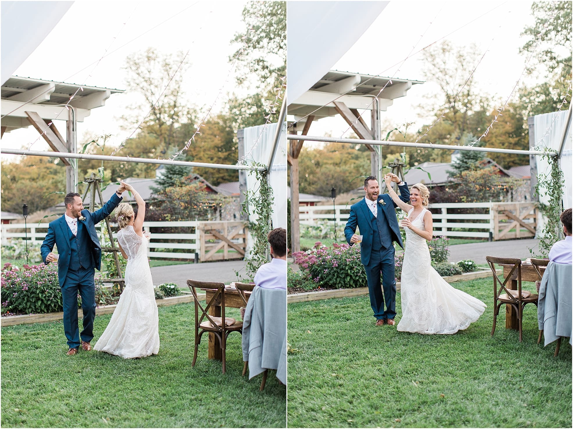 Arielle Peters Photography | Bride and groom entering wedding reception on wedding day at Joseph Decuis Farm in Roanoke, Indiana.