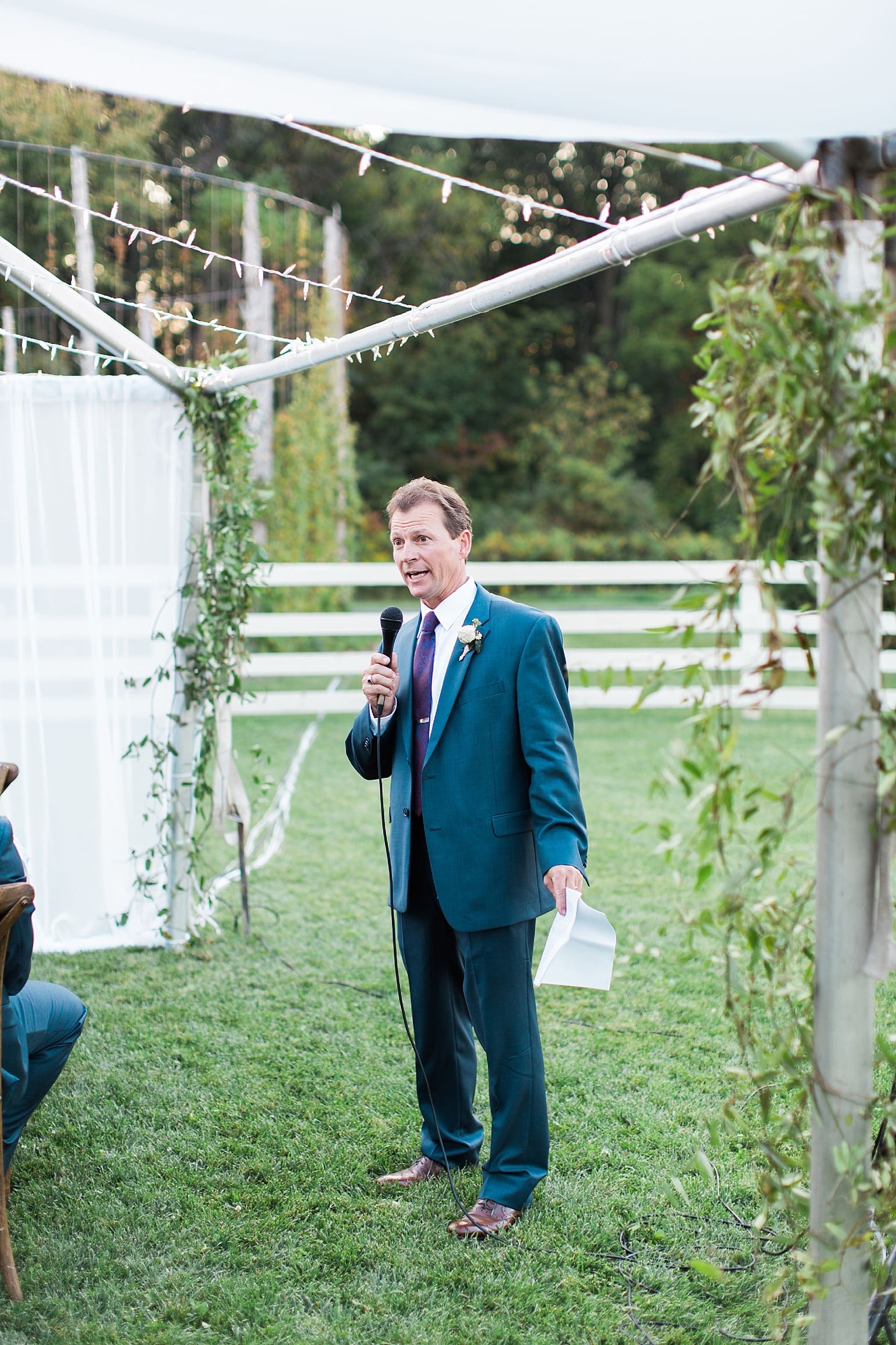 Arielle Peters Photography | Father of bride giving speech at wedding reception on wedding day at Joseph Decuis Farm in Roanoke, Indiana.