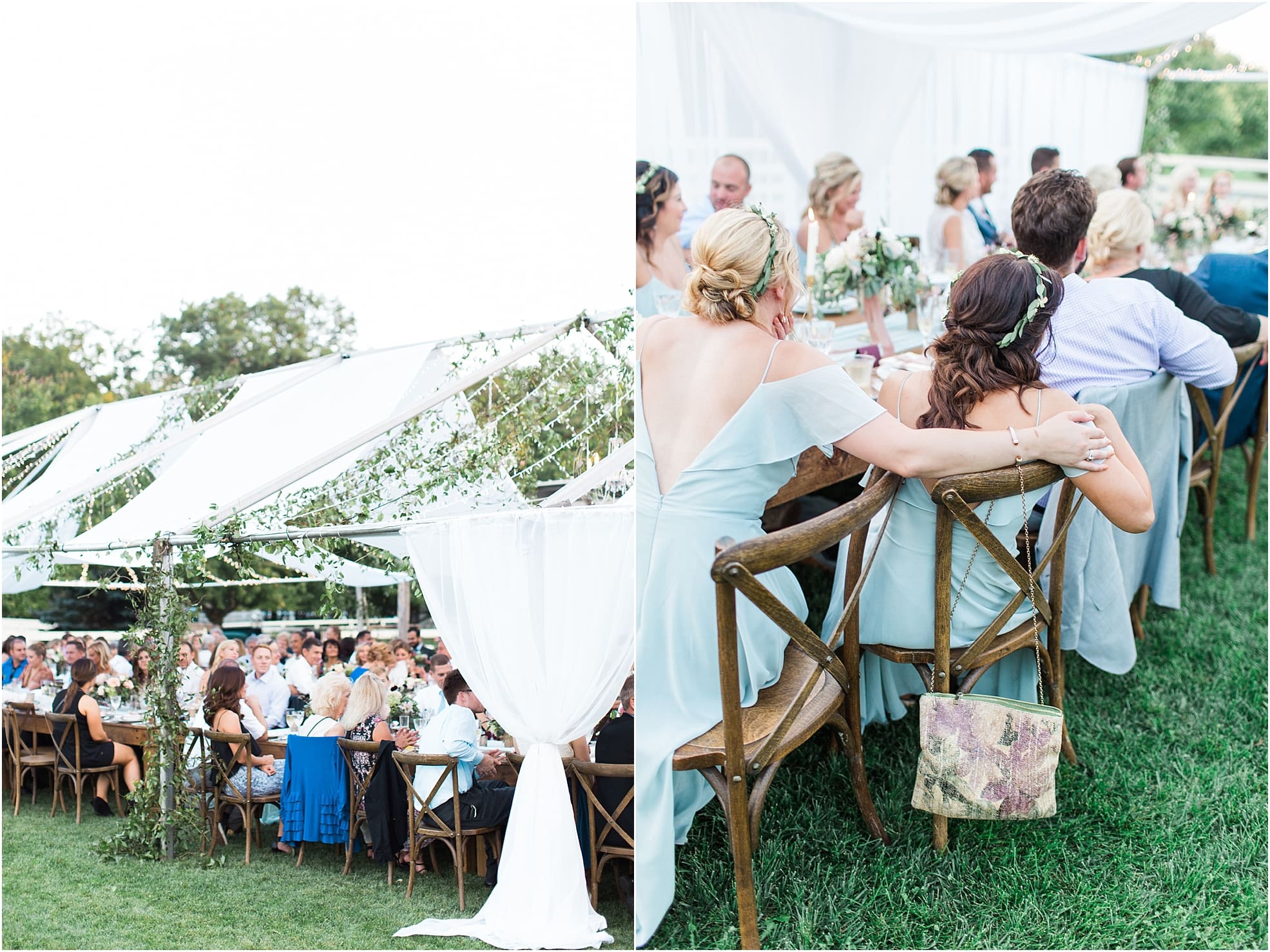 Arielle Peters Photography | Wedding guests listening to speeches at wedding reception on wedding day at Joseph Decuis Farm in Roanoke, Indiana.