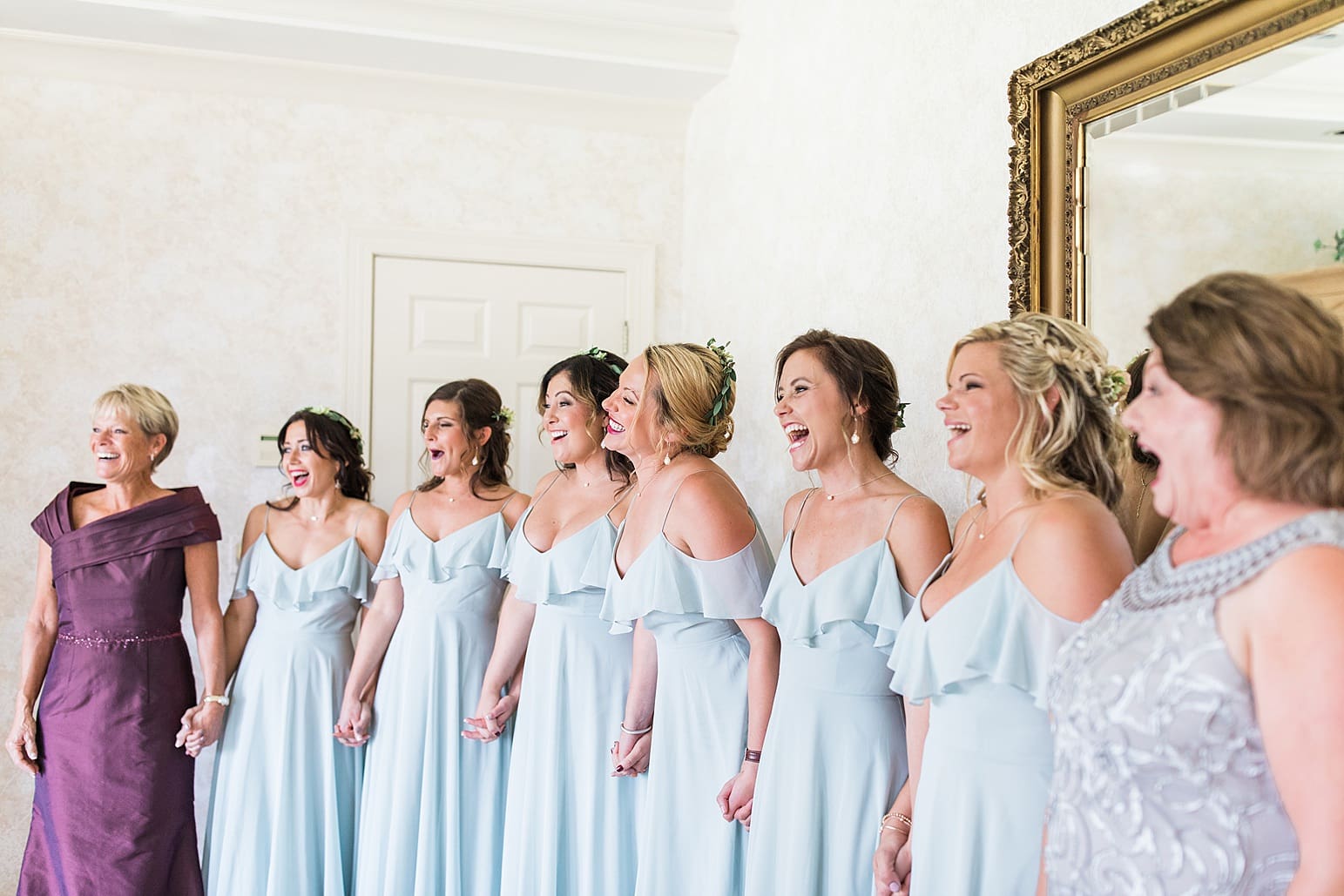 Arielle Peters Photography | Bride and bridesmaids having first reveal on wedding day at Joseph Decuis Farm in Roanoke, Indiana.