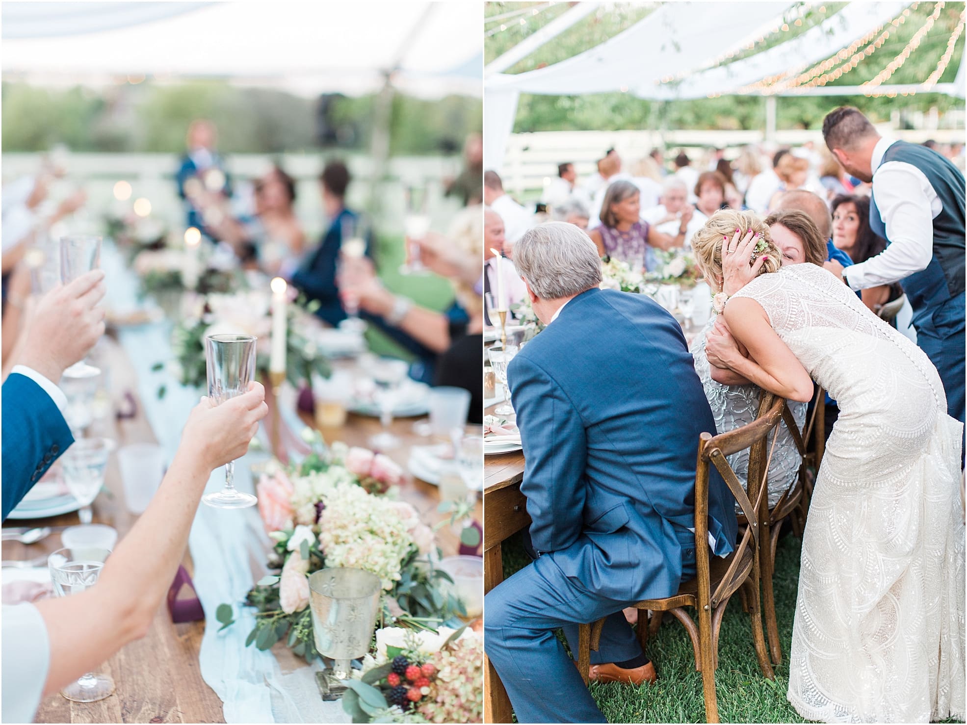 Arielle Peters Photography | Wedding guests toasting at outdoor wedding reception on wedding day at Joseph Decuis Farm in Roanoke, Indiana.