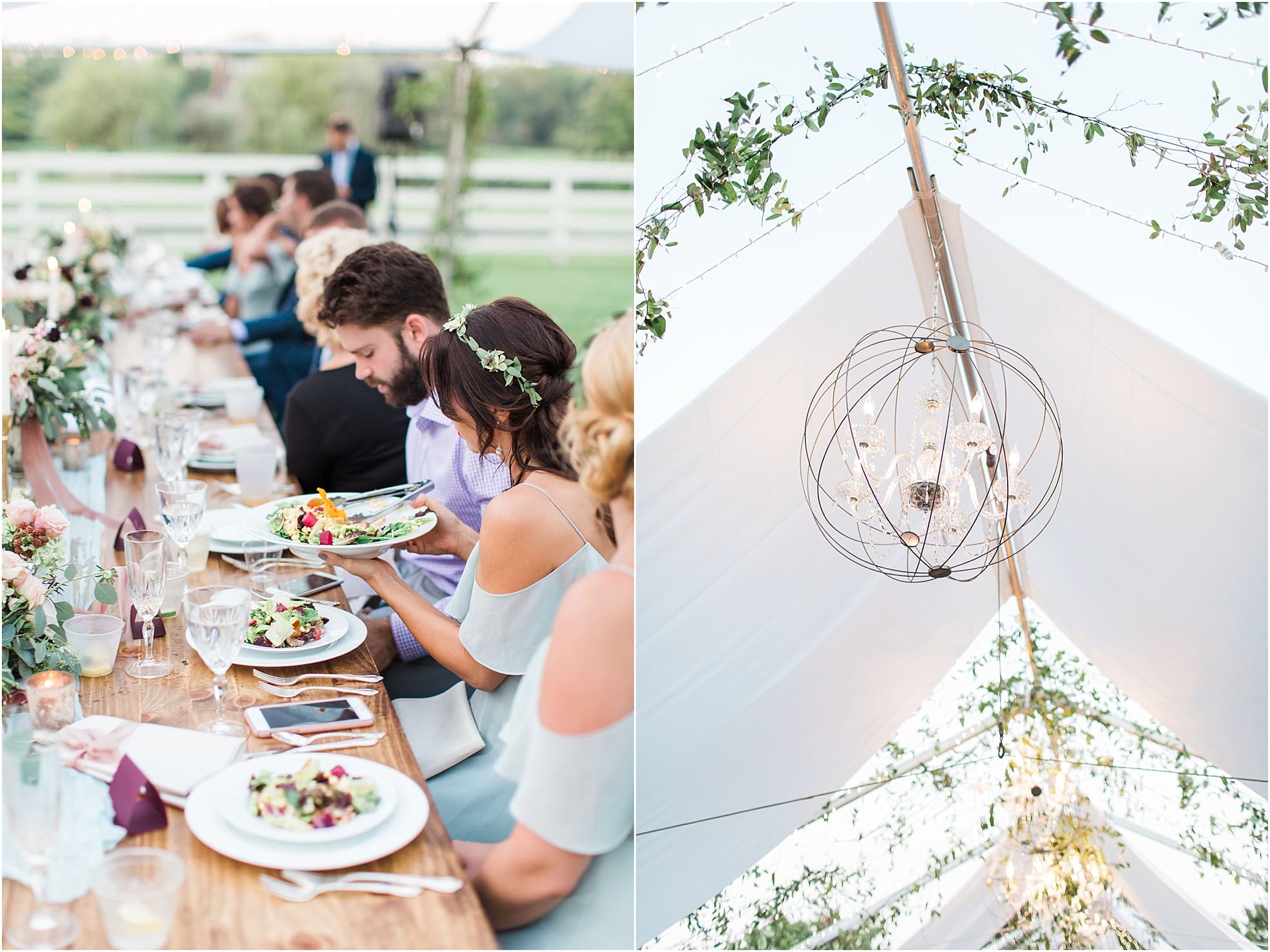 Arielle Peters Photography | Wedding guests eating dinner at outdoor wedding reception on wedding day at Joseph Decuis Farm in Roanoke, Indiana.