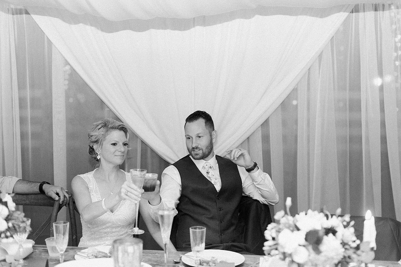 Arielle Peters Photography | Bride and groom toasting at outdoor wedding reception on wedding day at Joseph Decuis Farm in Roanoke, Indiana.