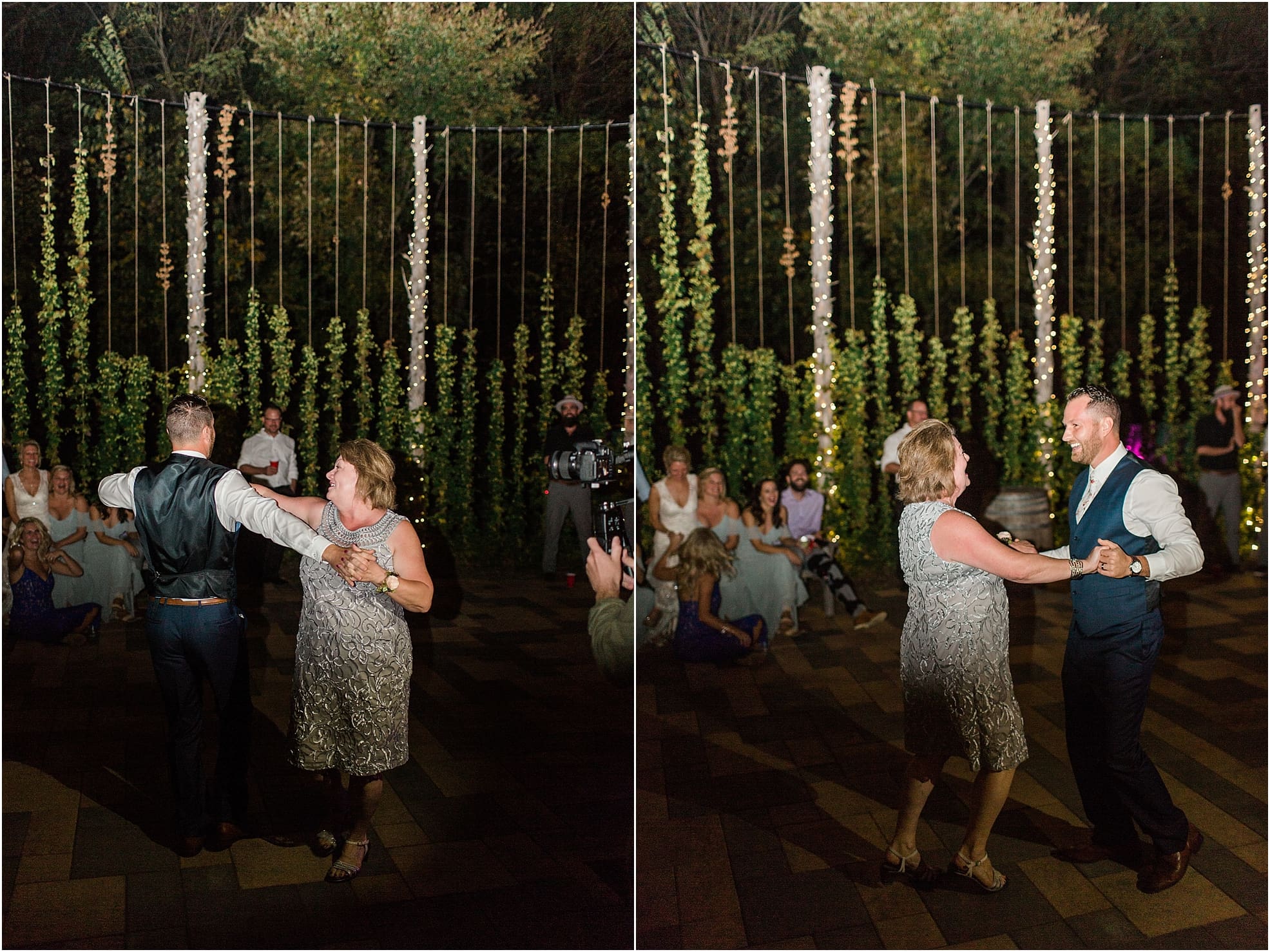 Arielle Peters Photography | Mother of groom and groom sharing a dance at outdoor wedding reception on wedding day at Joseph Decuis Farm in Roanoke, Indiana.