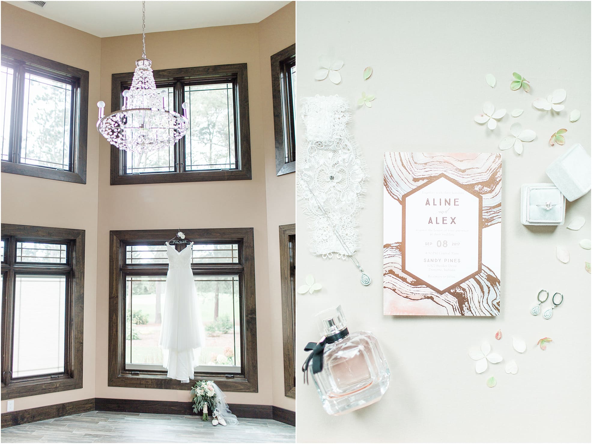 Arielle Peters Photography | Wedding dress hanging in large windows on wedding day at The Pavilion at Sandy Pines in Demotte, Indiana.