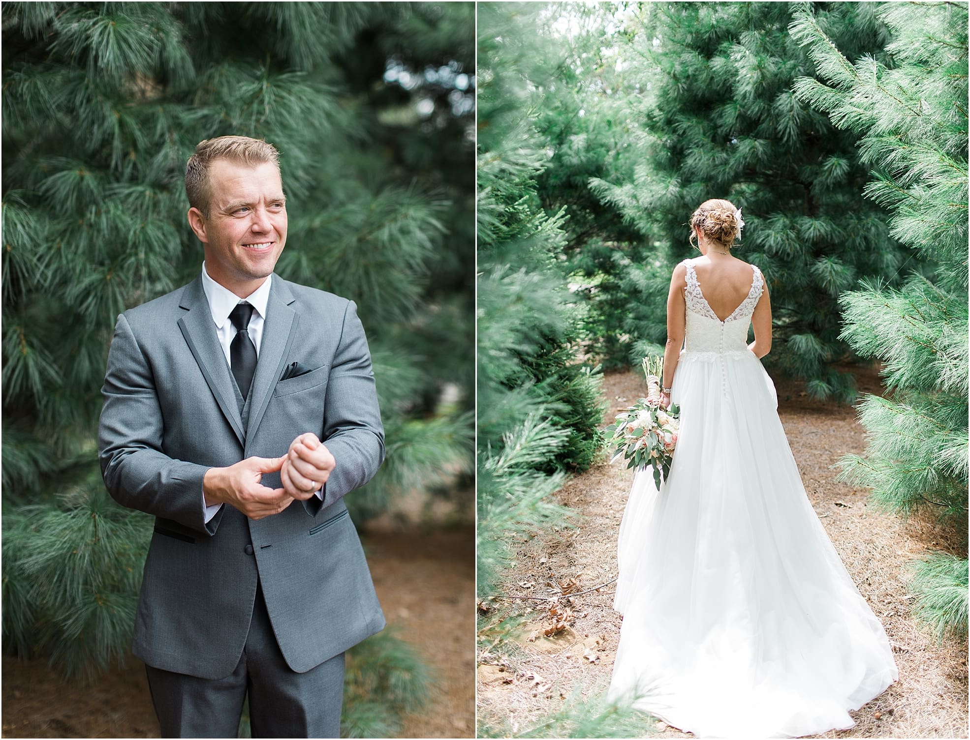 Arielle Peters Photography | Bride walking through tall pine trees on wedding day at The Pavilion at Sandy Pines in Demotte, Indiana.