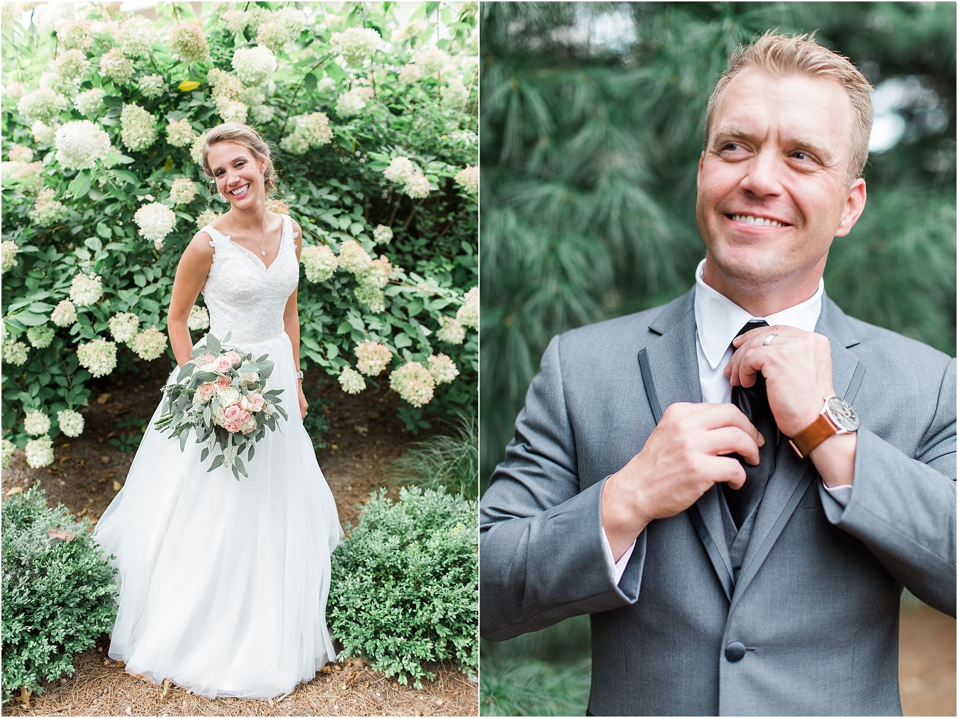 Arielle Peters Photography | Bride standing in front of hydrangeas on wedding day at The Pavilion at Sandy Pines in Demotte, Indiana.