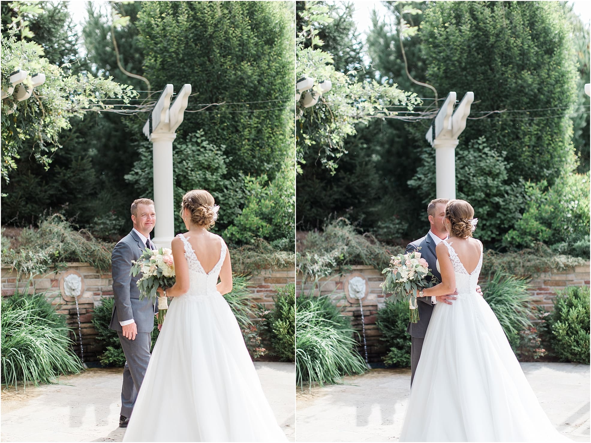 Arielle Peters Photography | Bride and groom having first reveal on wedding day at The Pavilion at Sandy Pines in Demotte, Indiana.
