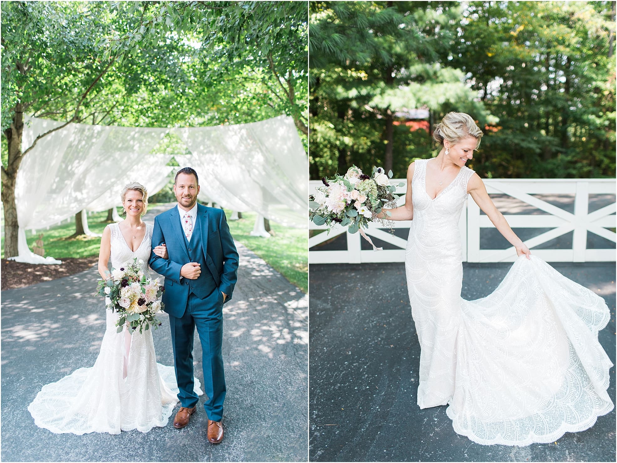 Arielle Peters Photography | Bride and groom standing on street on wedding day at Joseph Decuis Farm in Roanoke, Indiana.