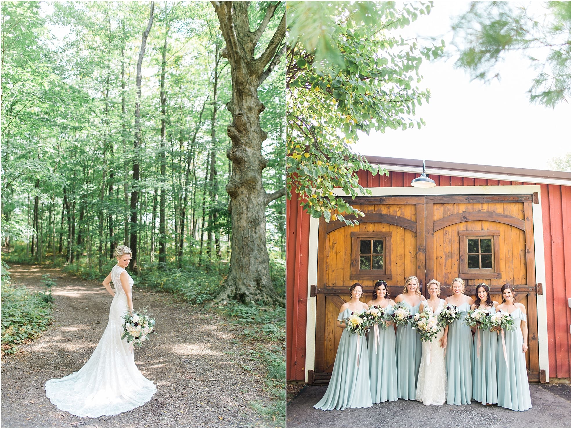 Arielle Peters Photography | Bride and bridesmaids standing in front of wood barn doors on wedding day at Joseph Decuis Farm in Roanoke, Indiana.