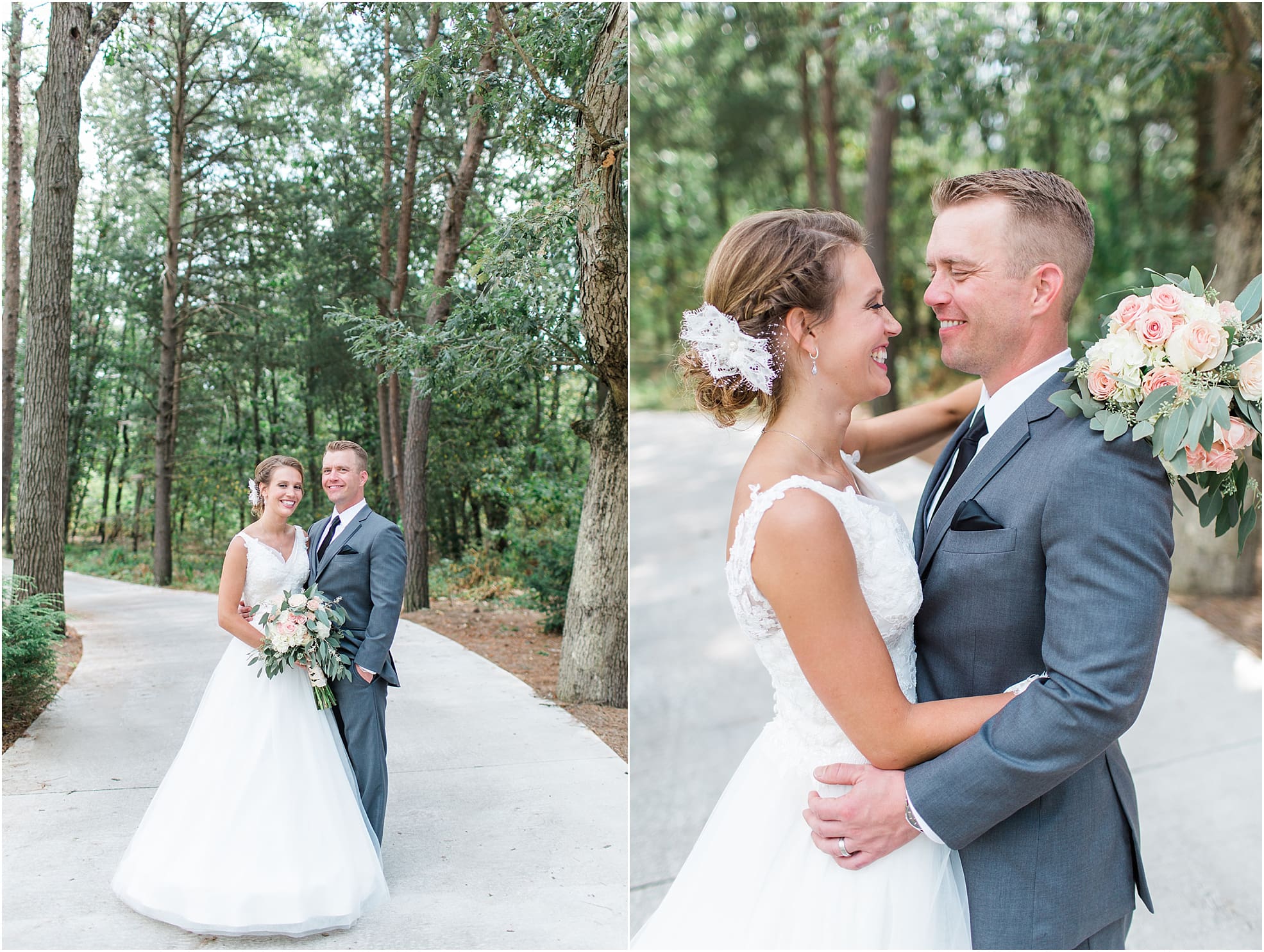 Arielle Peters Photography | Bride and groom standing in pine tree forest on wedding day at The Pavilion at Sandy Pines in Demotte, Indiana.