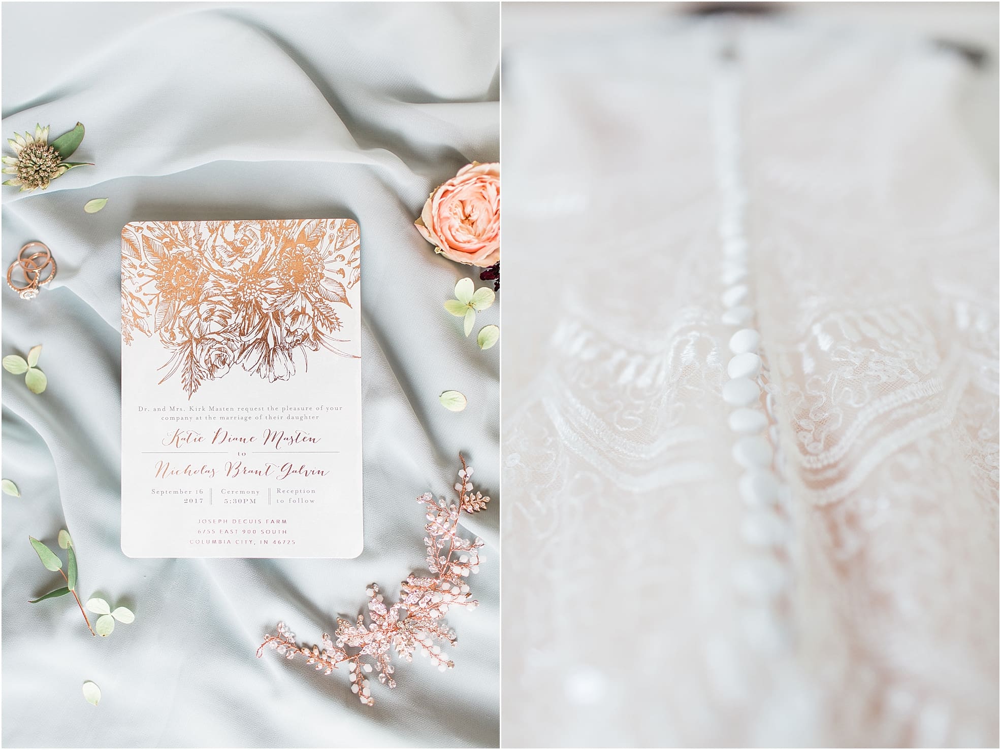 Arielle Peters Photography | Wedding invitation and florals on wedding day at Joseph Decuis Farm in Roanoke, Indiana.
