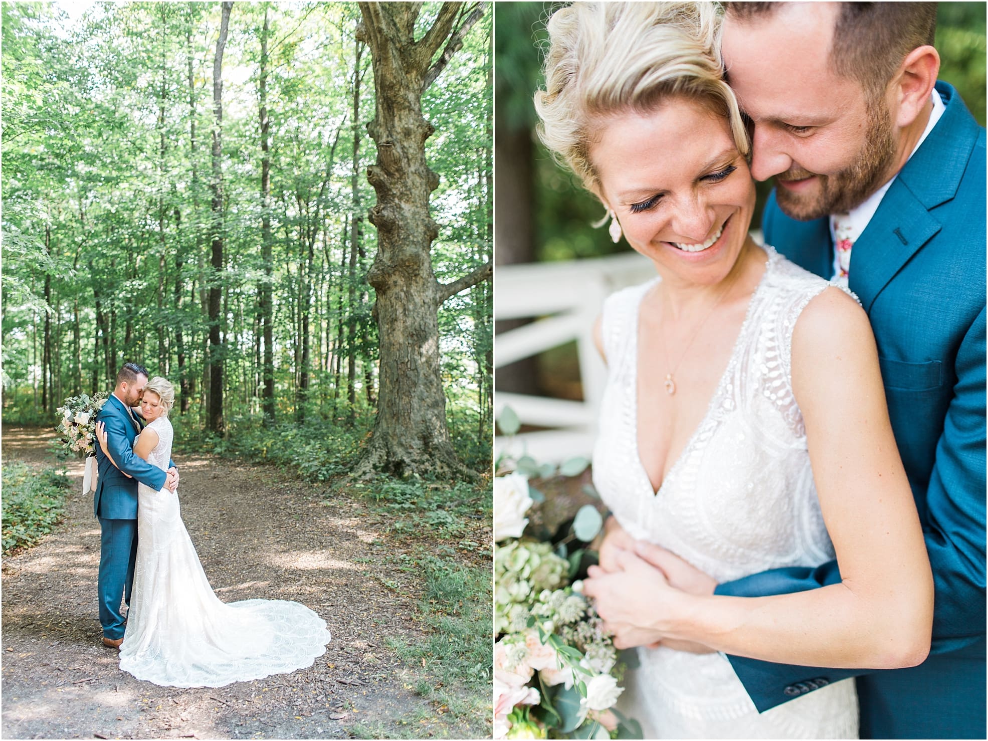 Arielle Peters Photography | Bride and groom next to picket fence on wedding day at Joseph Decuis Farm in Roanoke, Indiana.