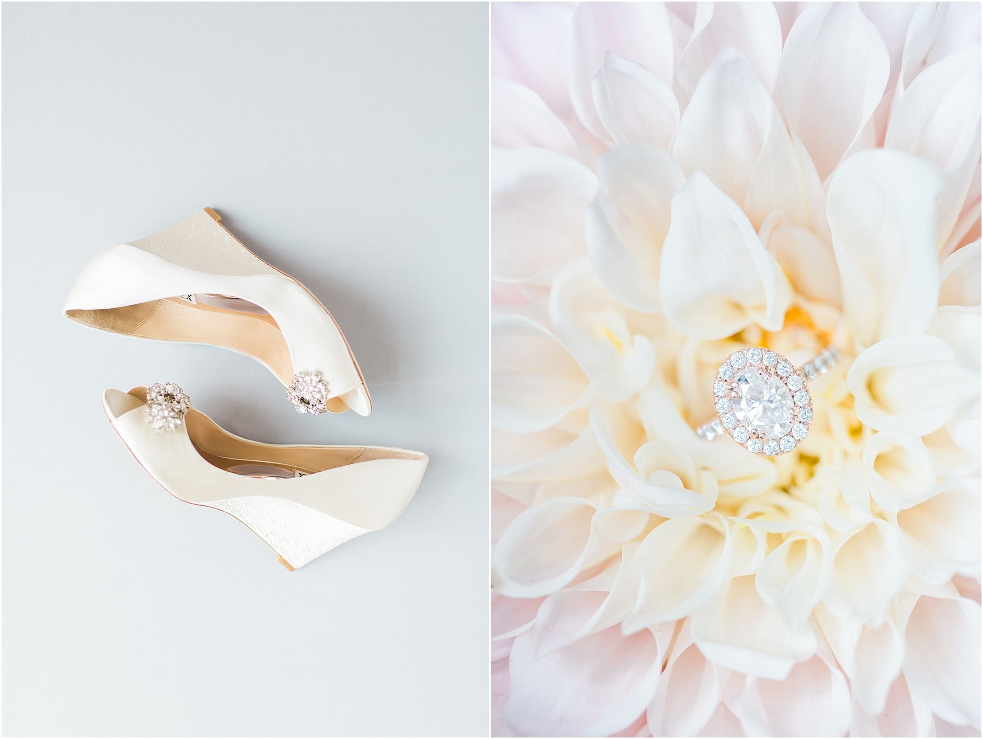 Arielle Peters Photography | Wedding shoes and rings on gray background on wedding day at Joseph Decuis Farm in Roanoke, Indiana.