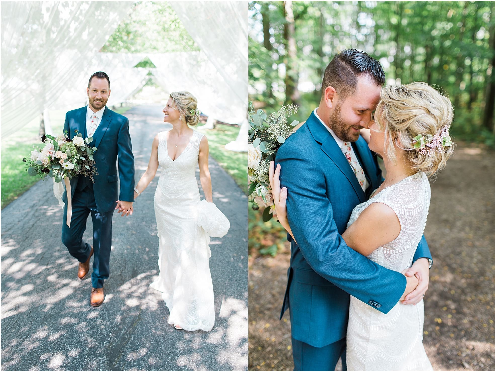Arielle Peters Photography | Bride and groom walking on street in the woods on wedding day at Joseph Decuis Farm in Roanoke, Indiana.