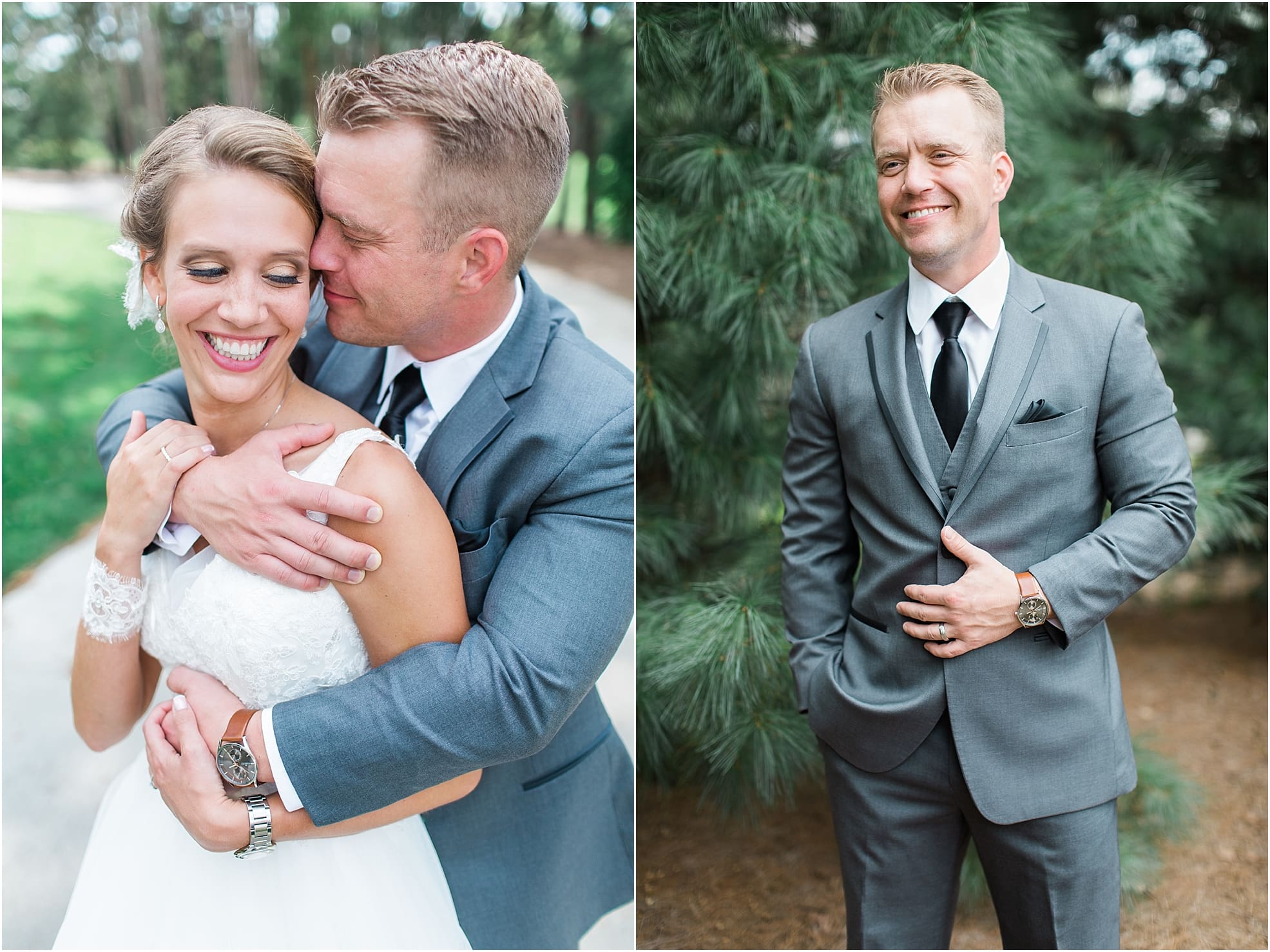 Arielle Peters Photography | Bride and groom hugging in pine tree forest on wedding day at The Pavilion at Sandy Pines in Demotte, Indiana.