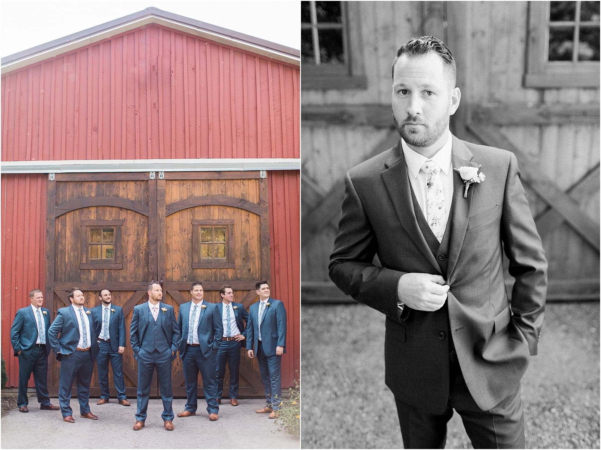 Arielle Peters Photography | Groom and groomsmen standing in front of wood barn doors on wedding day at Joseph Decuis Farm in Roanoke, Indiana.
