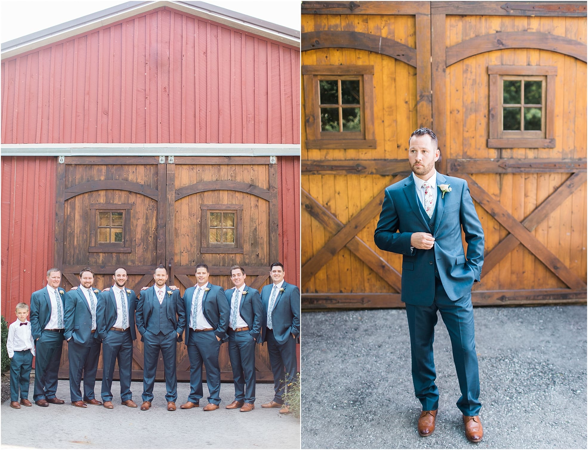 Arielle Peters Photography | Groom and groomsmen in front of wooden barn door on wedding day at Joseph Decuis Farm in Roanoke, Indiana.