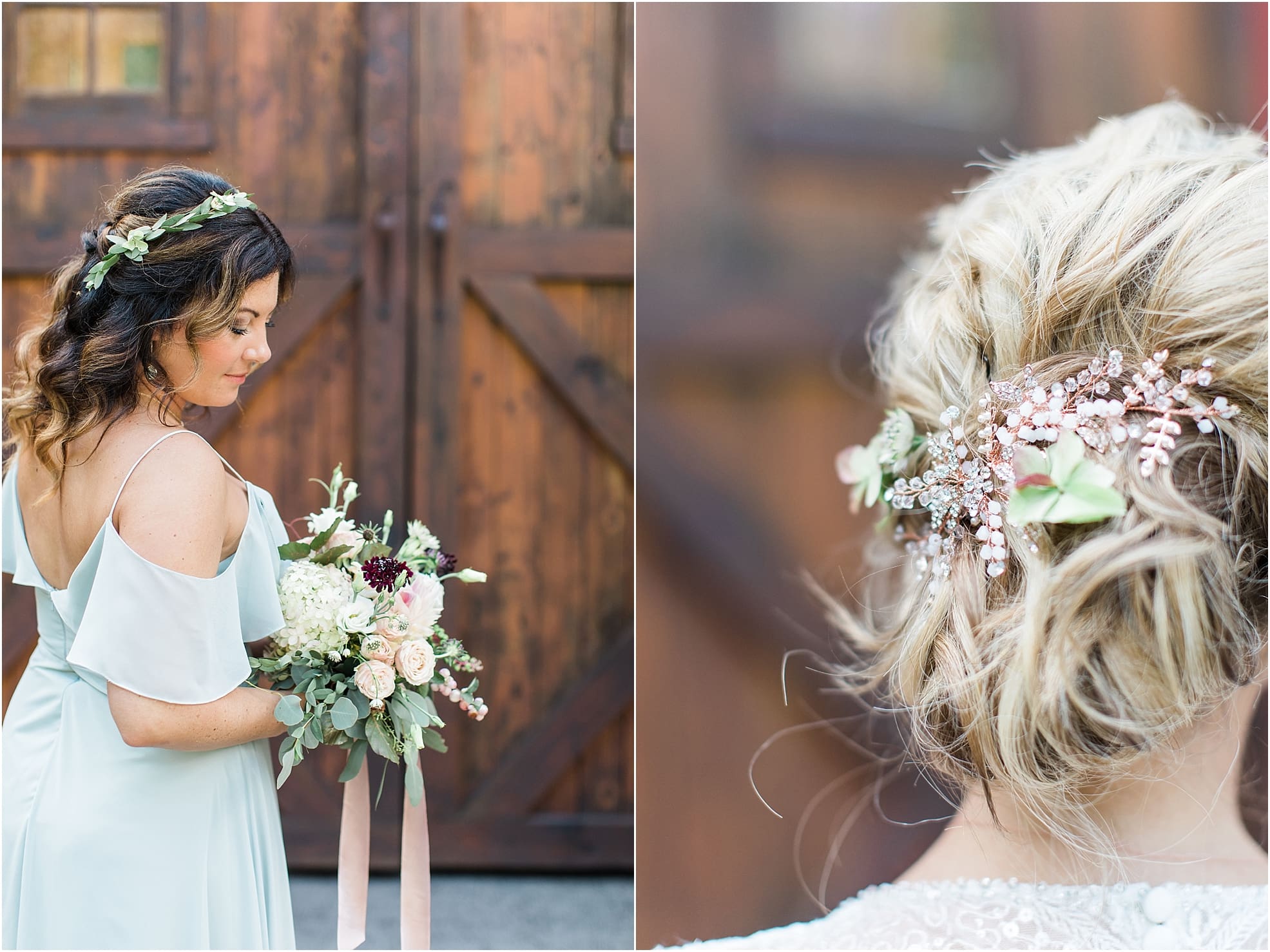 Arielle Peters Photography | Bridesmaid in front of wooden barn door on wedding day at Joseph Decuis Farm in Roanoke, Indiana.