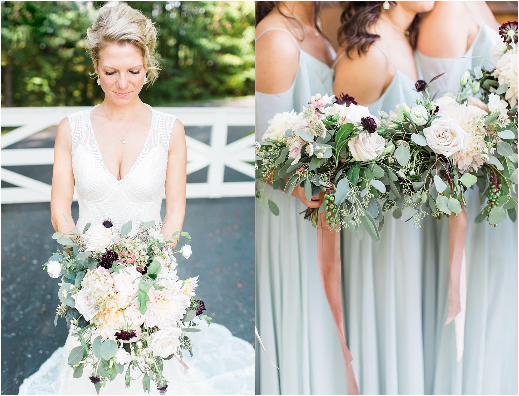 Arielle Peters Photography | Bride holding bouquet in front of white fence on wedding day at Joseph Decuis Farm in Roanoke, Indiana.