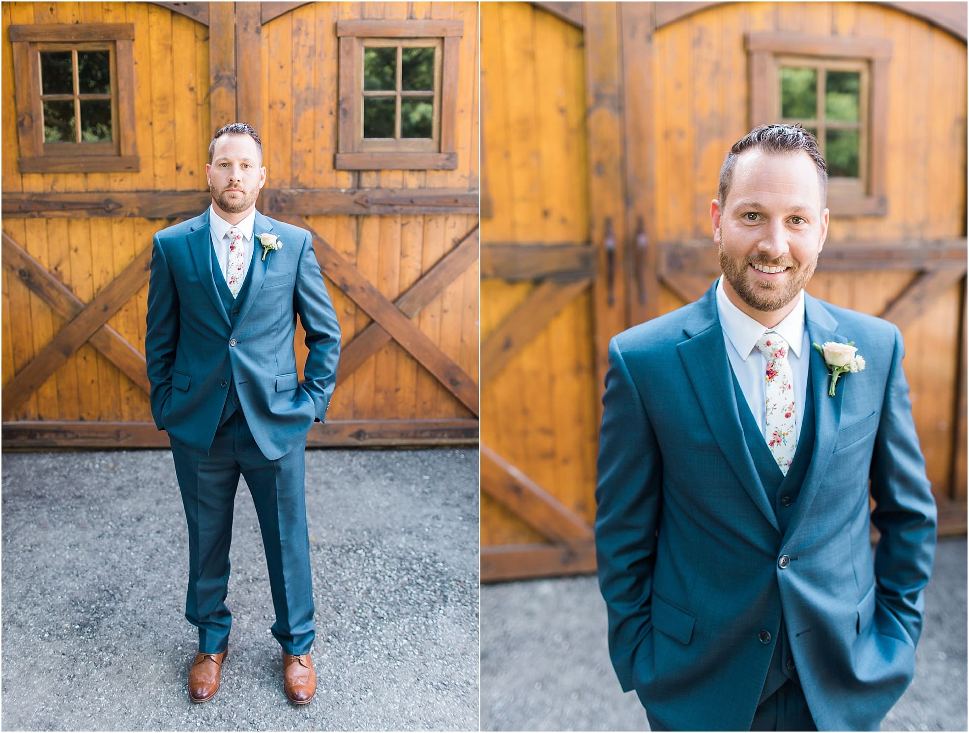 Arielle Peters Photography | Groom in front of wooden barn door on wedding day at Joseph Decuis Farm in Roanoke, Indiana.