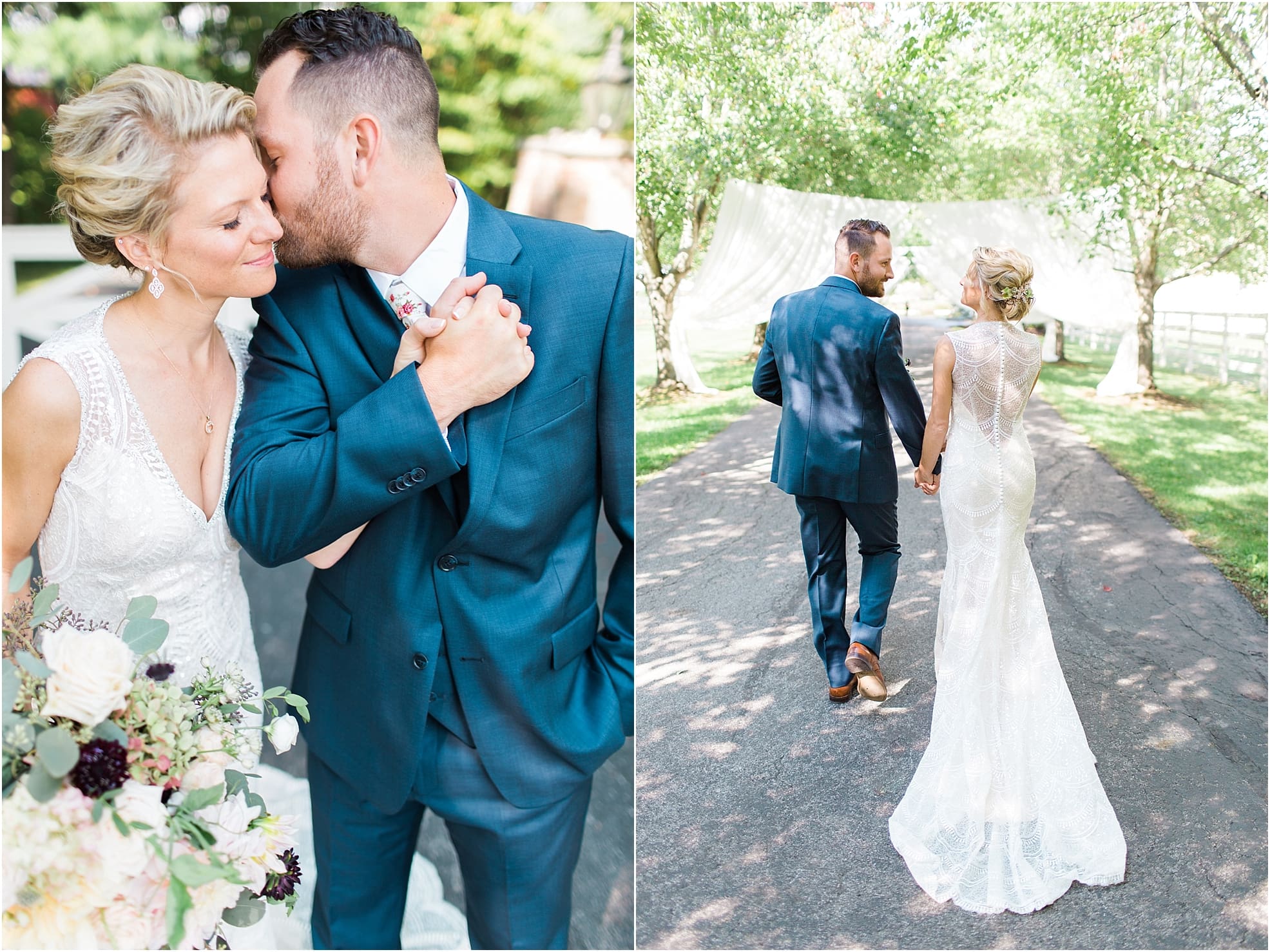 Bride and groom walking on street in the woods on wedding day at Joseph Decuis Farm in Roanoke, Indiana.