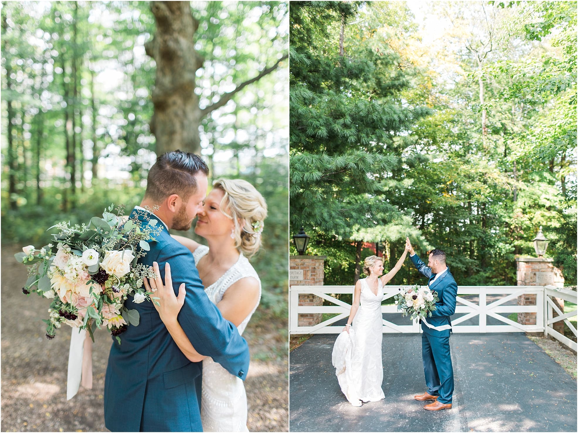 Arielle Peters Photography | Bride and groom almost kissing in the woods on wedding day at Joseph Decuis Farm in Roanoke, Indiana.