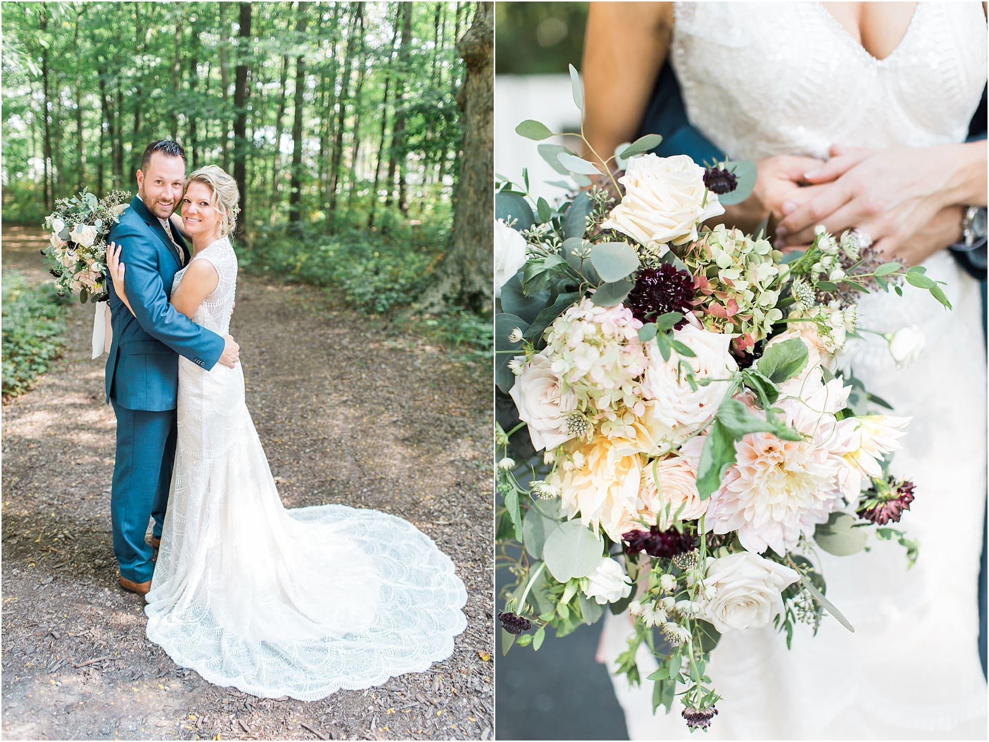 Arielle Peters Photography | Bride and groom hugging on path in the woods on wedding day at Joseph Decuis Farm in Roanoke, Indiana.
