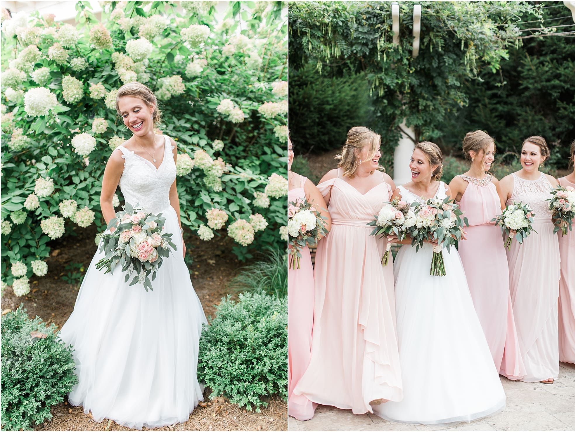 Arielle Peters Photography | Bride and bridesmaids by hydrangeas on wedding day at The Pavilion at Sandy Pines in Demotte, Indiana.