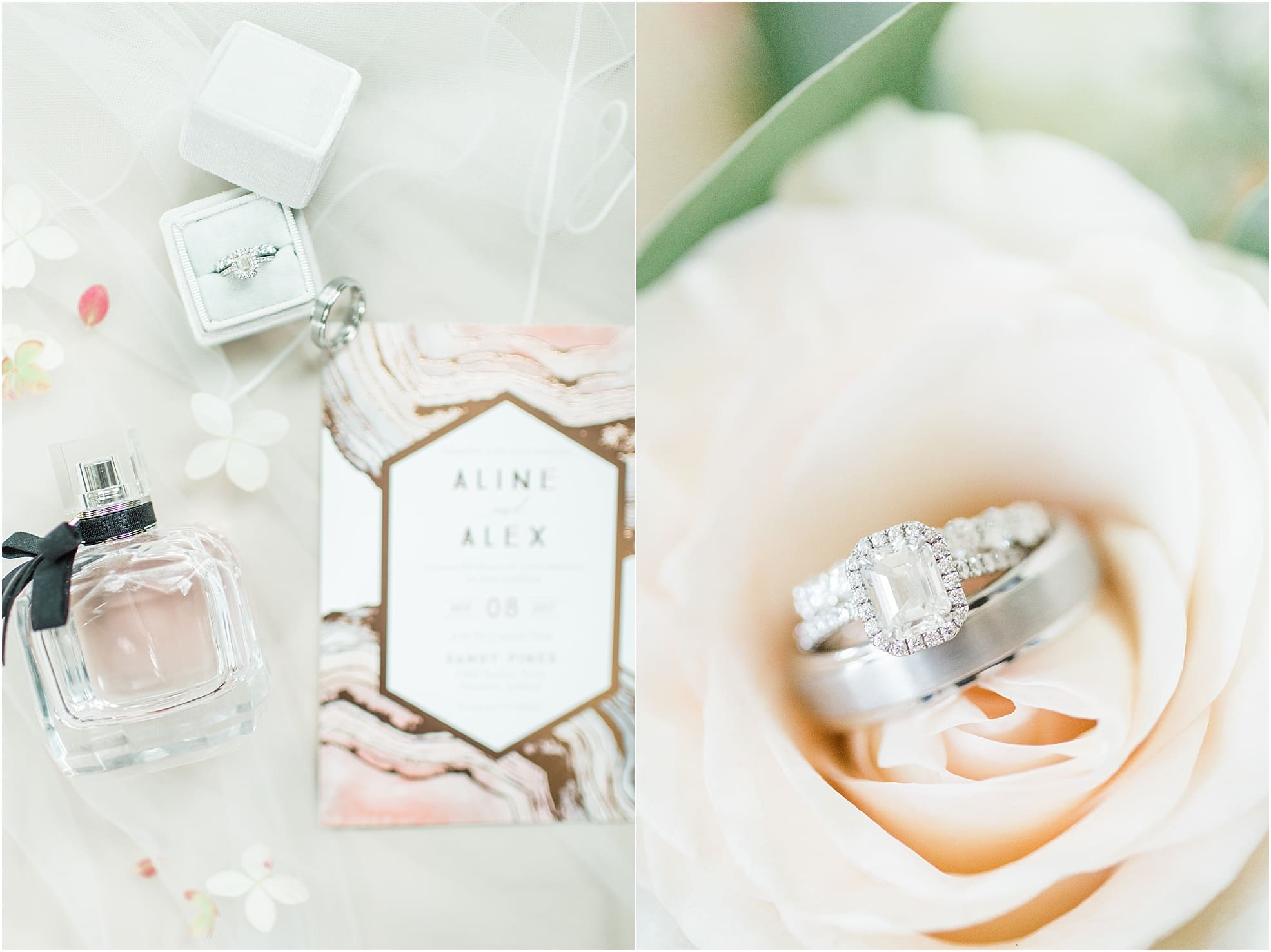 Arielle Peters Photography | Wedding rings on pink roses on wedding day at The Pavilion at Sandy Pines in Demotte, Indiana.