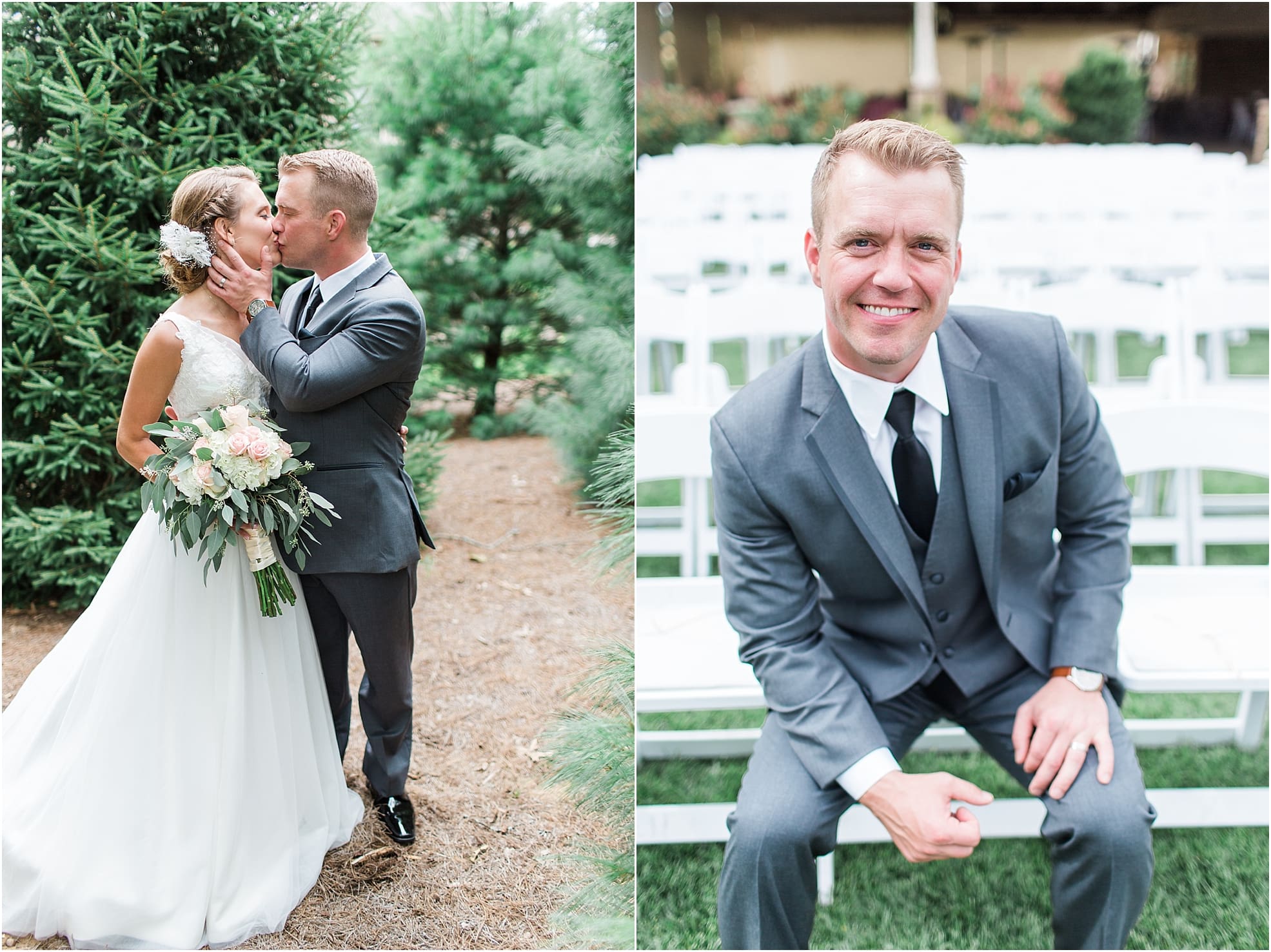 Arielle Peters Photography | Bride and groom kissing in pine tree forest on wedding day at The Pavilion at Sandy Pines in Demotte, Indiana.