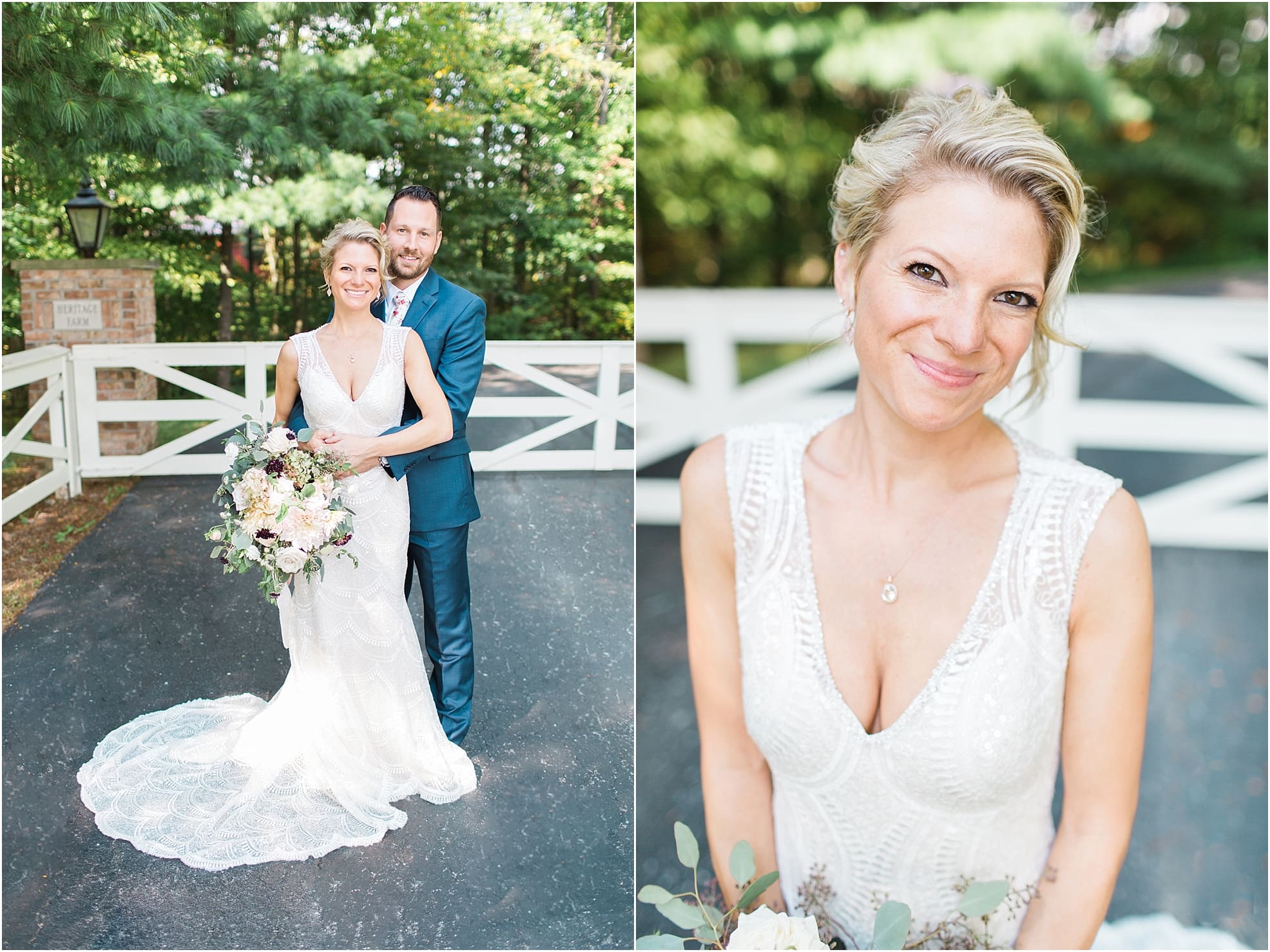 Arielle Peters Photography | Bride and groom in front of white fence on wedding day at Joseph Decuis Farm in Roanoke, Indiana.