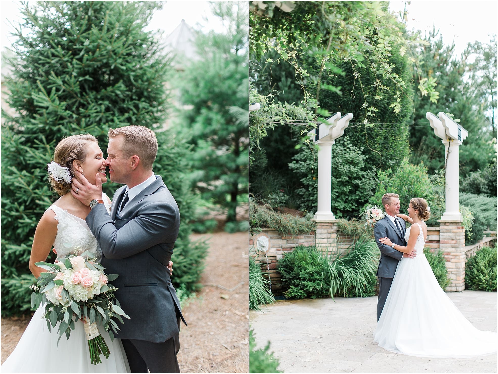 Arielle Peters Photography | Bride and groom kissing in pine tree forest on wedding day at The Pavilion at Sandy Pines in Demotte, Indiana.