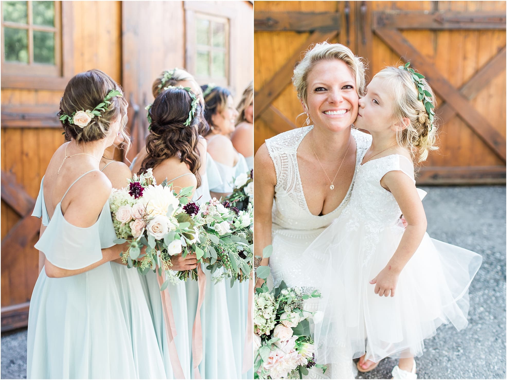Arielle Peters Photography | Bride and bridesmaids in front of wooden barn door on wedding day at Joseph Decuis Farm in Roanoke, Indiana.
