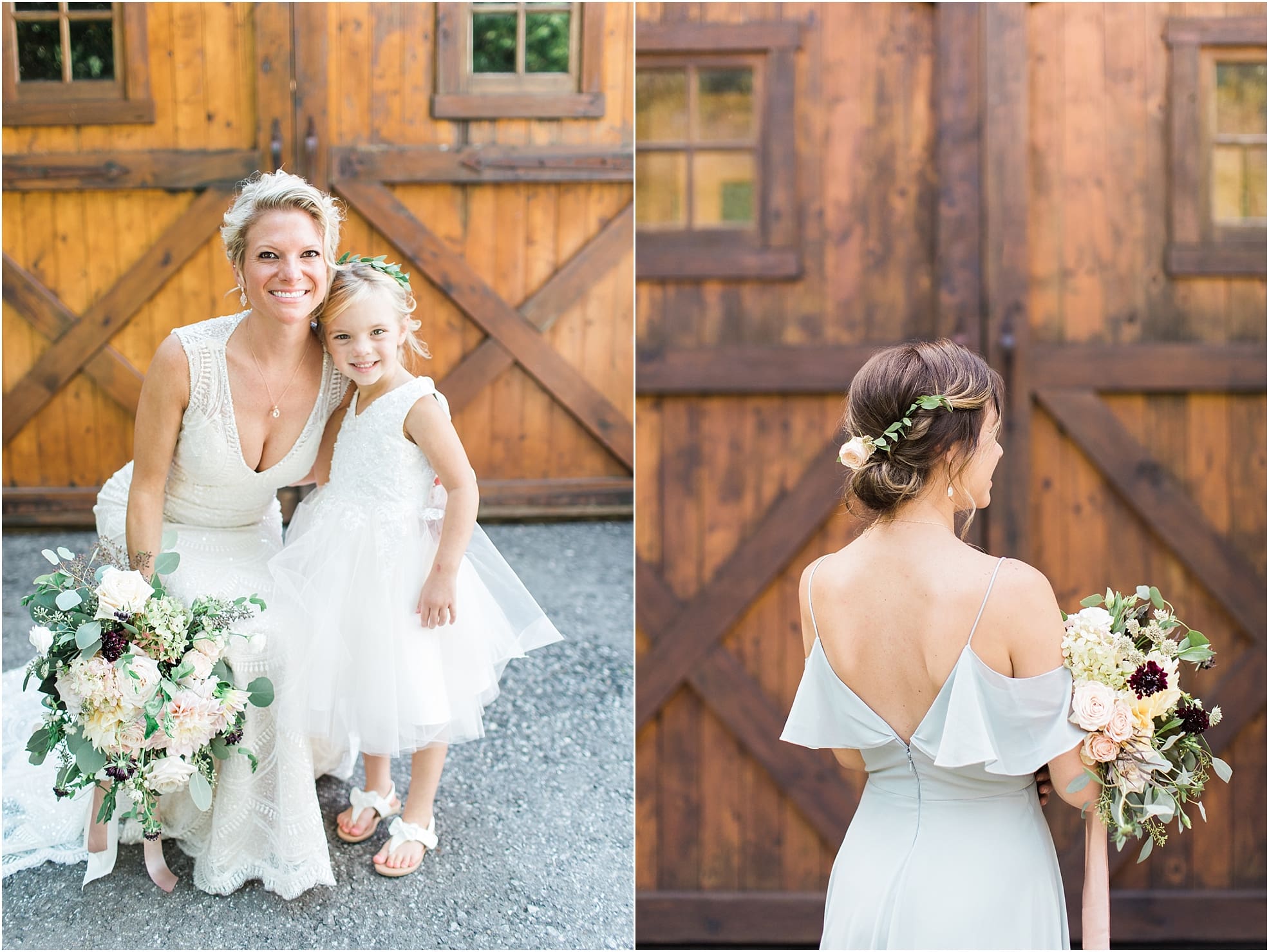 Arielle Peters Photography | Bride and flower girl in front of wooden barn door on wedding day at Joseph Decuis Farm in Roanoke, Indiana.