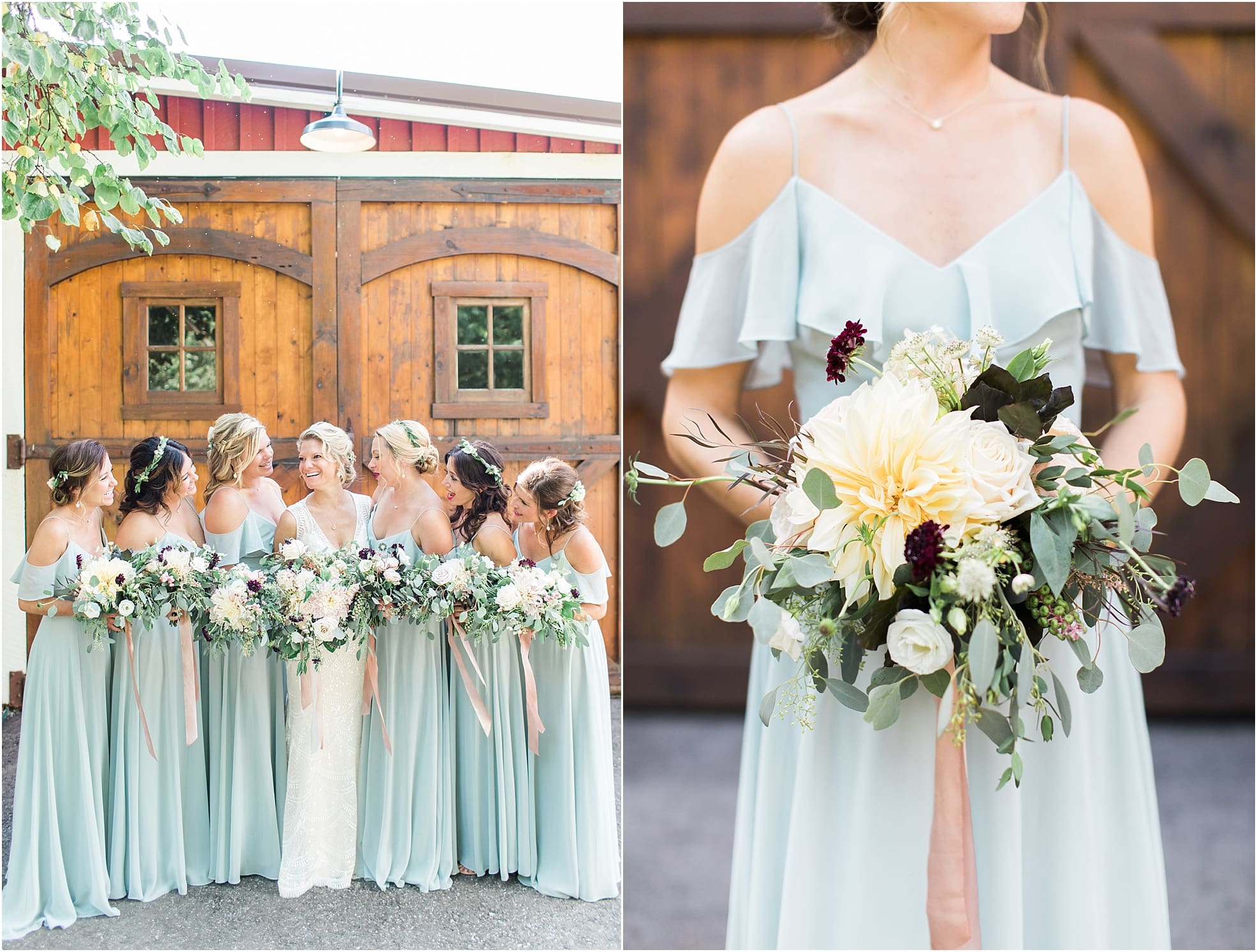 Arielle Peters Photography | Bride and bridesmaids in front of wooden barn door on wedding day at Joseph Decuis Farm in Roanoke, Indiana.