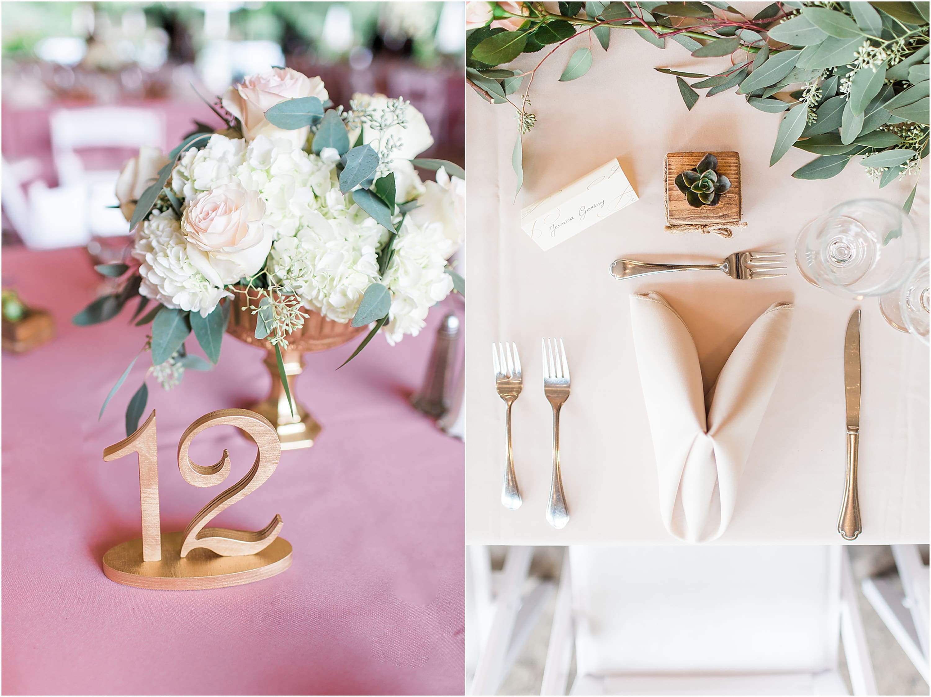 Arielle Peters Photography | Wedding reception table settings and floral arrangements on wedding day at The Pavilion at Sandy Pines in Demotte, Indiana.