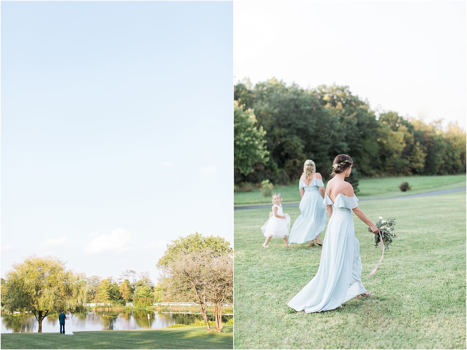 Arielle Peters Photography | Bridesmaids walking in open field on wedding day at Joseph Decuis Farm in Roanoke, Indiana.