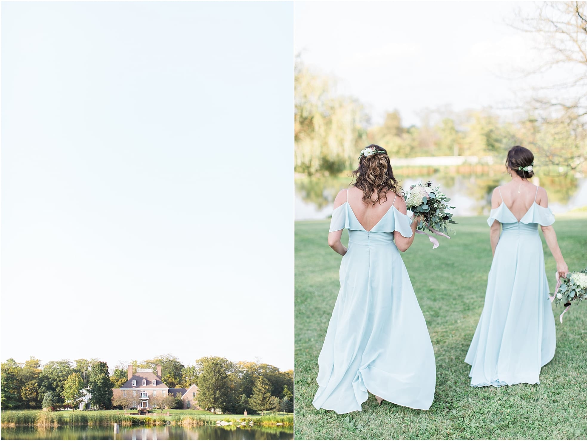 Arielle Peters Photography | Bridesmaids walking next to pond on wedding day at Joseph Decuis Farm in Roanoke, Indiana.